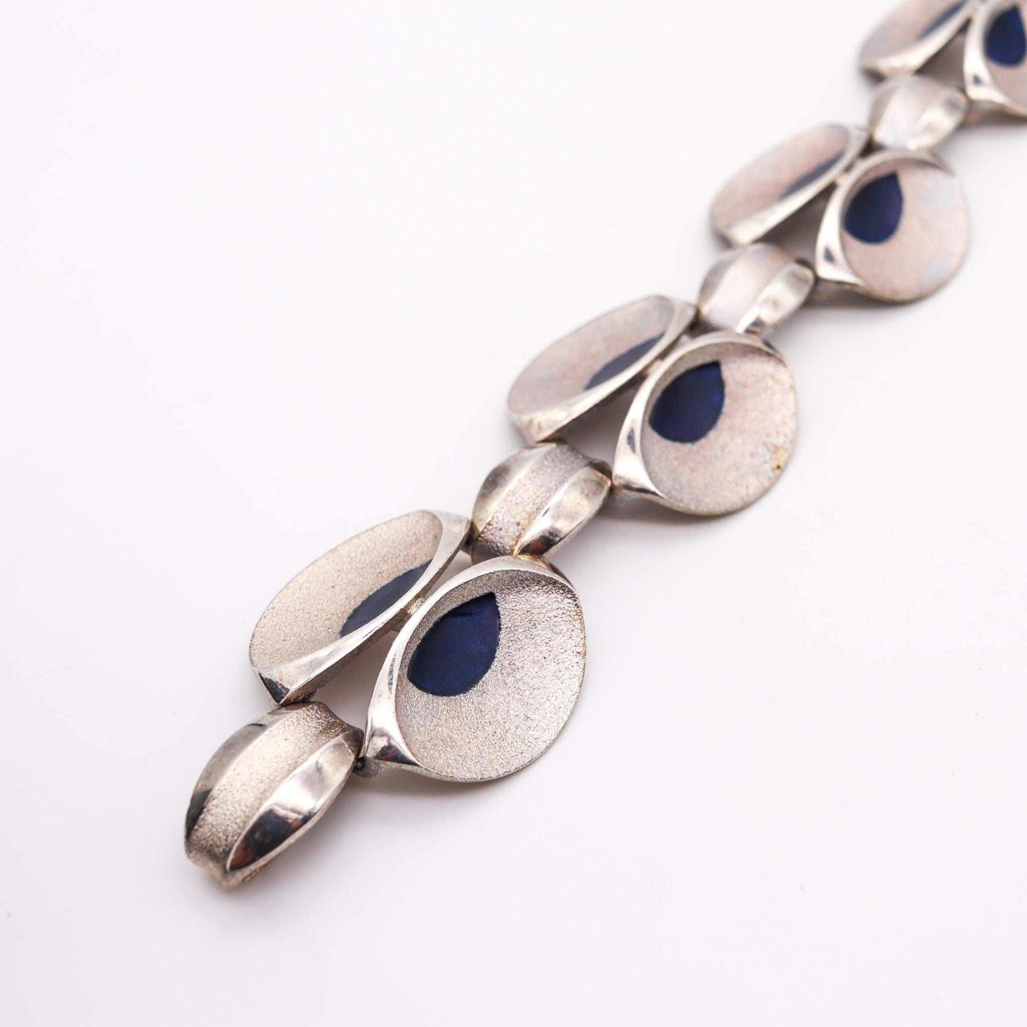 Orlando Orlandini 1970 Italy Enameled Peacock Bracelet In .925 Sterling Silver In Excellent Condition In Miami, FL