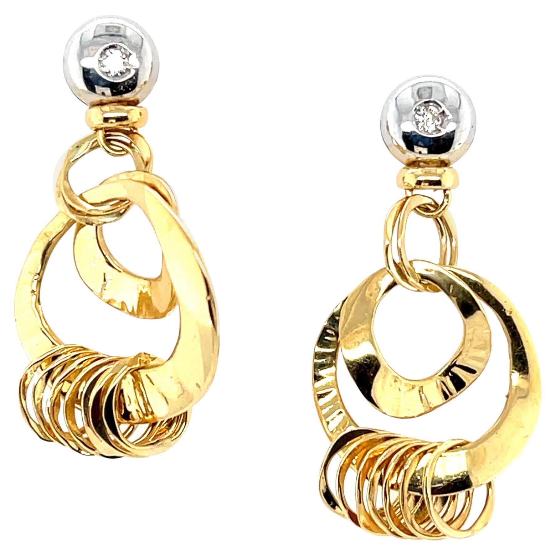 Orlando Orlandini Hammered Circle Dangle Earrings in 18k  White and Yellow Gold For Sale