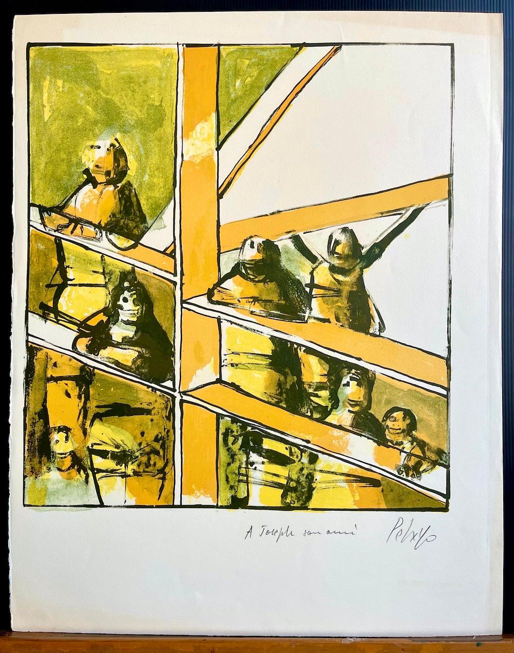 LABYRINTH LADDER Signed Lithograph, Abstract People, Spanish Artist, Lime Yellow - Contemporary Print by Orlando Pelayo