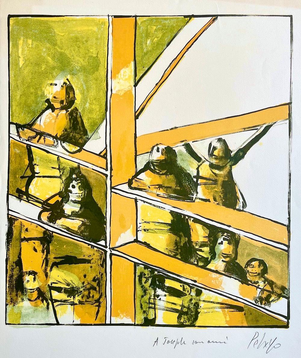 Orlando Pelayo Figurative Print - LABYRINTH LADDER Signed Lithograph, Abstract People, Spanish Artist, Lime Yellow