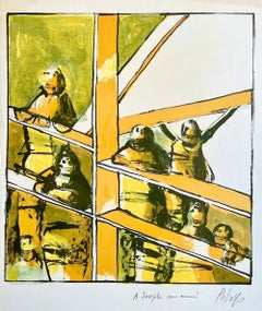 Retro LABYRINTH LADDER Signed Lithograph, Abstract People, Spanish Artist, Lime Yellow