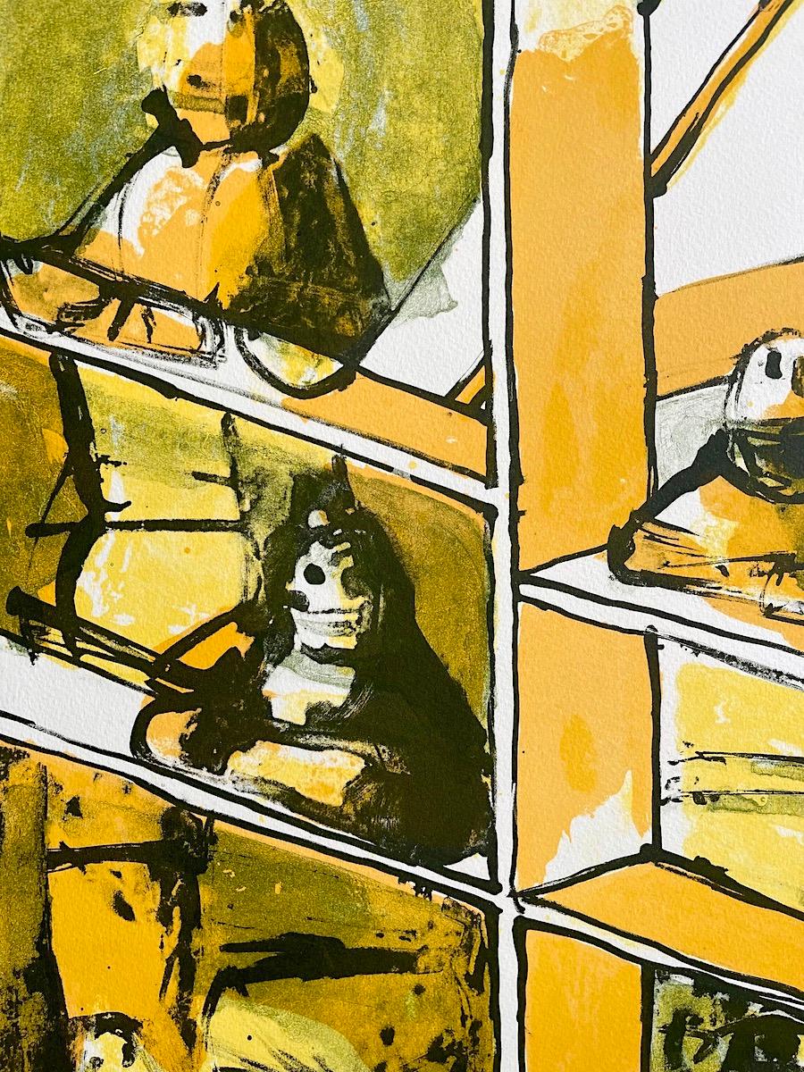 LABYRINTH LADDER Signed Lithograph, Abstract People, Spanish Artist, Lime Yellow - Print by Orlando Pelayo