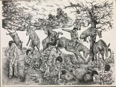 Orlando Velázquez, "Mulas", Woodcut, 36.2x48.6 in
