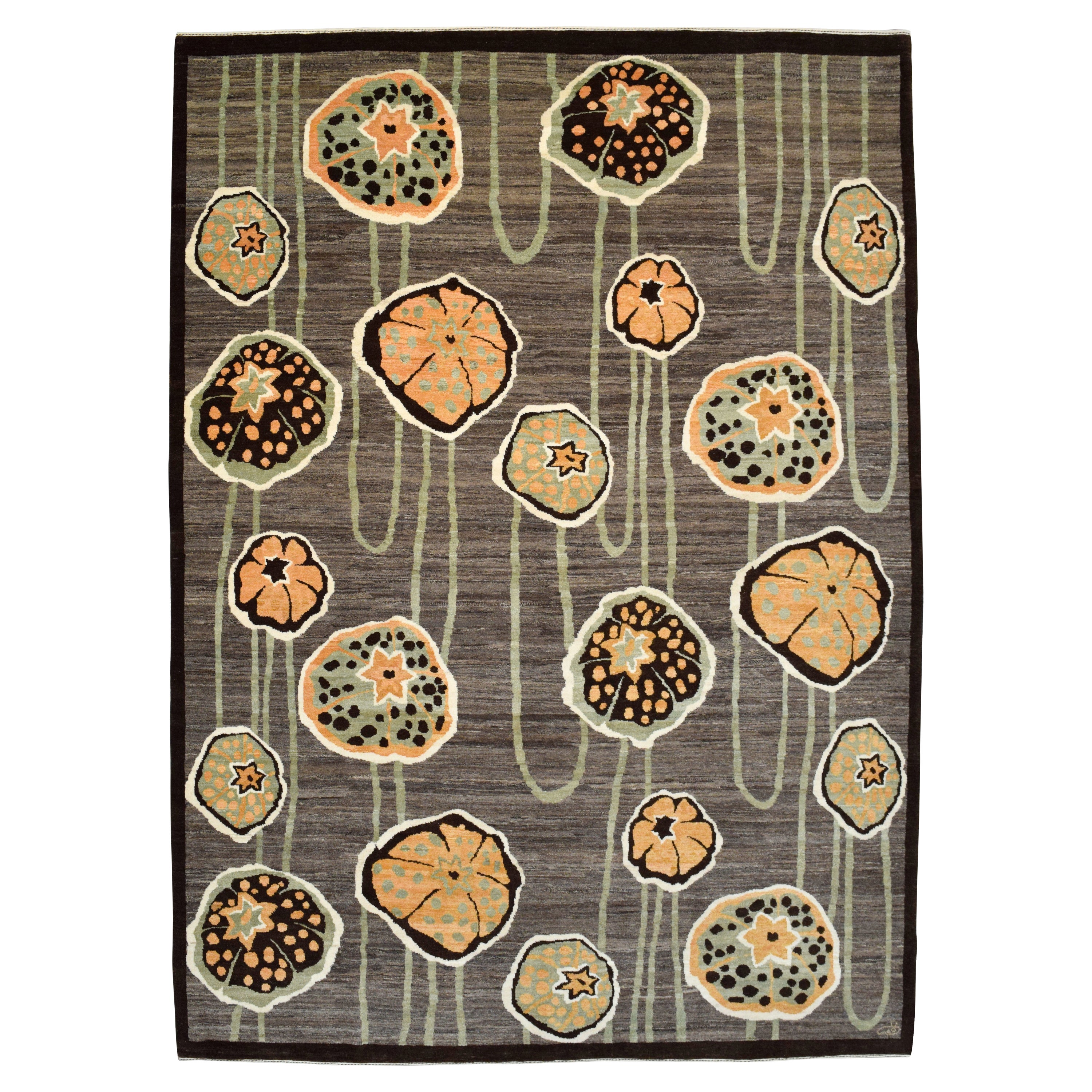 Orley Shabahang Tappeto persiano in lana Art Deco, annodato a mano, verde, marrone, 6' x 9'