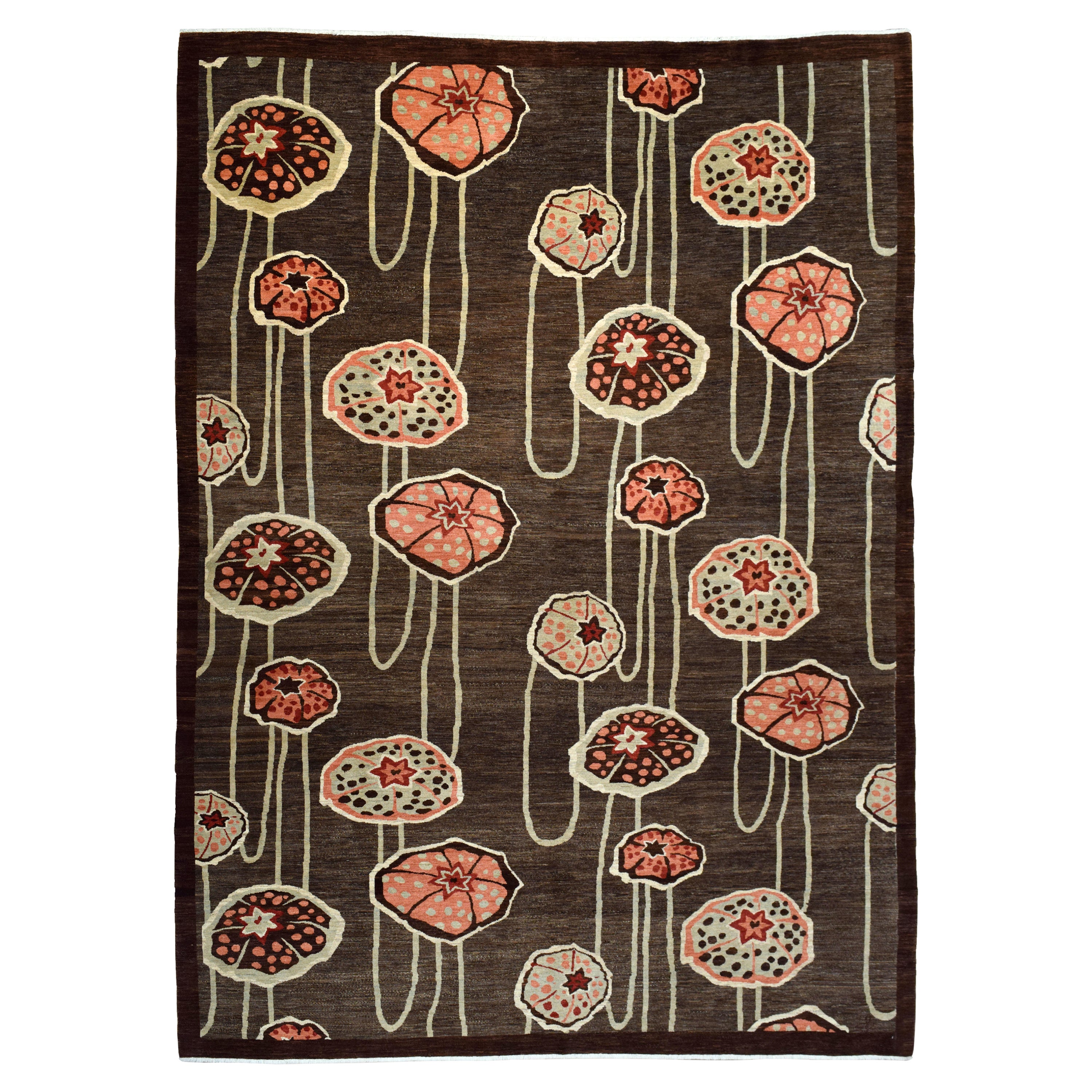 Orley Shabahang, Tappeto persiano in lana Art Deco, rosa, verde, crema, marrone, 10' x 14'