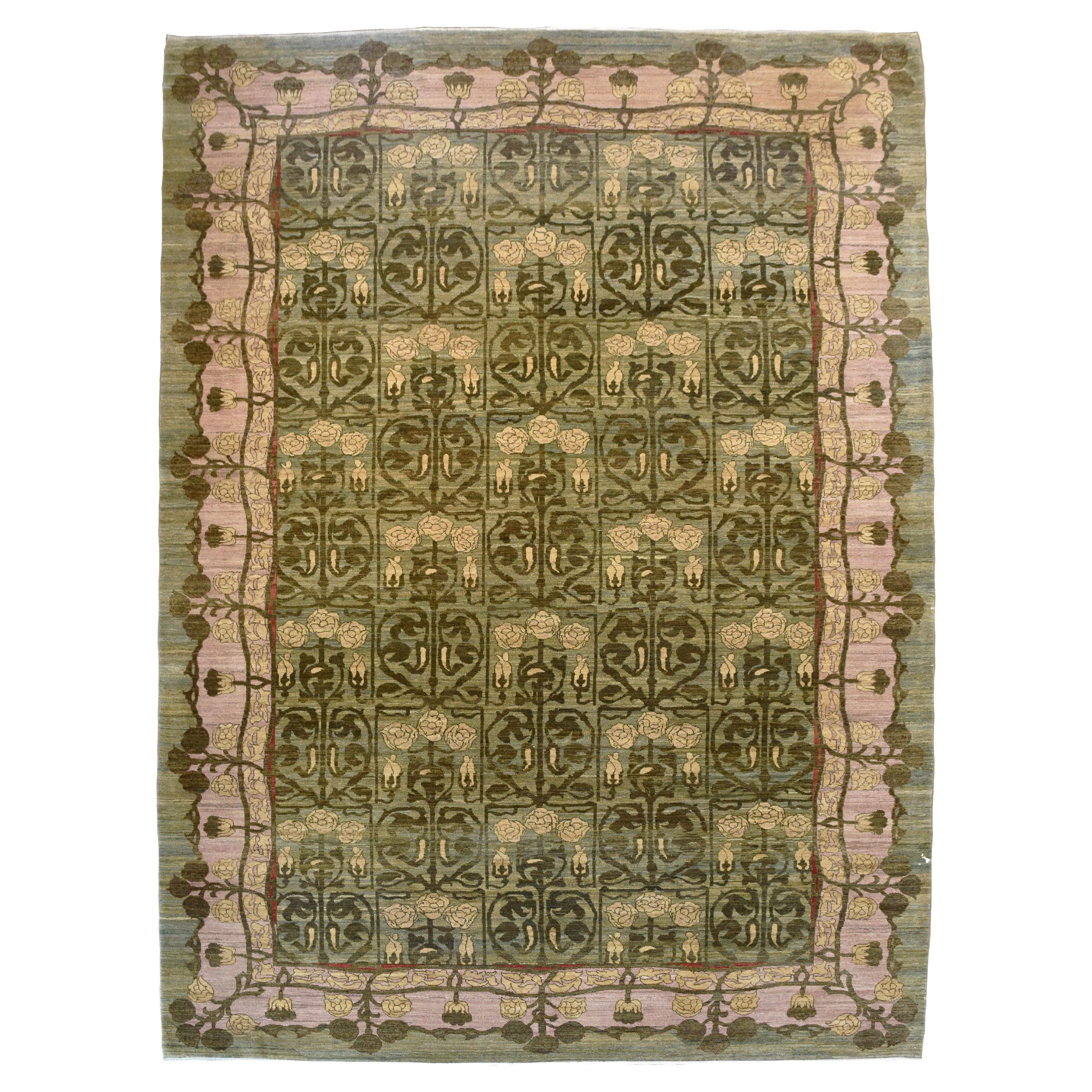 Wool, Hand-knotted, Green and Pink Art Nouveau Persian Rug, 10' x 14' For Sale