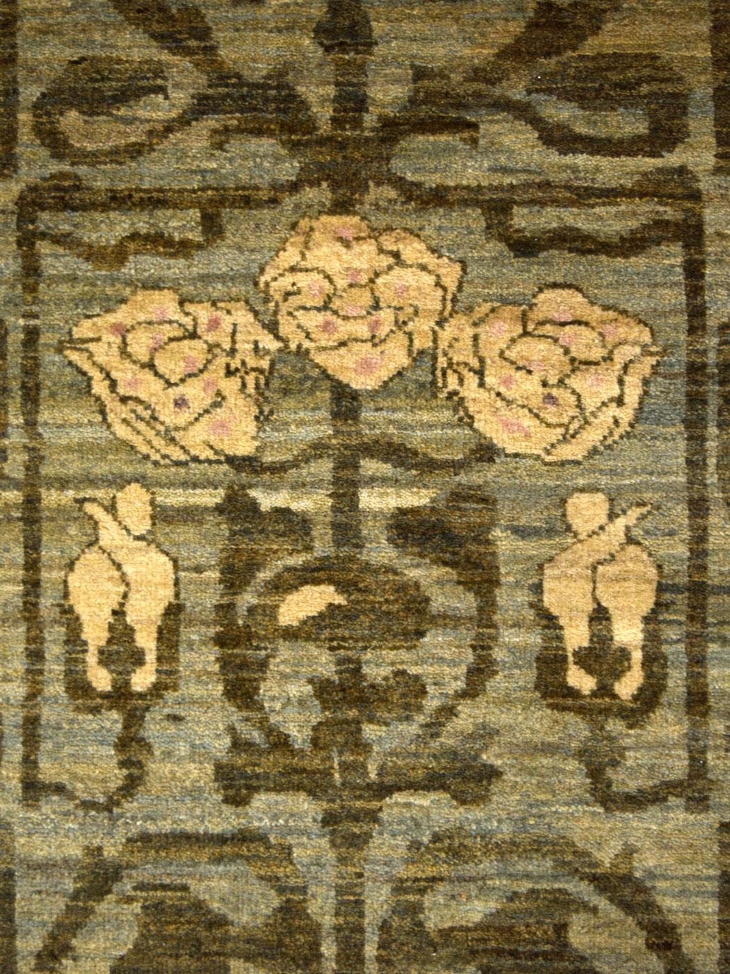 Vegetable Dyed Wool, Hand-knotted, Green and Pink Art Nouveau Persian Rug, 10' x 14' For Sale
