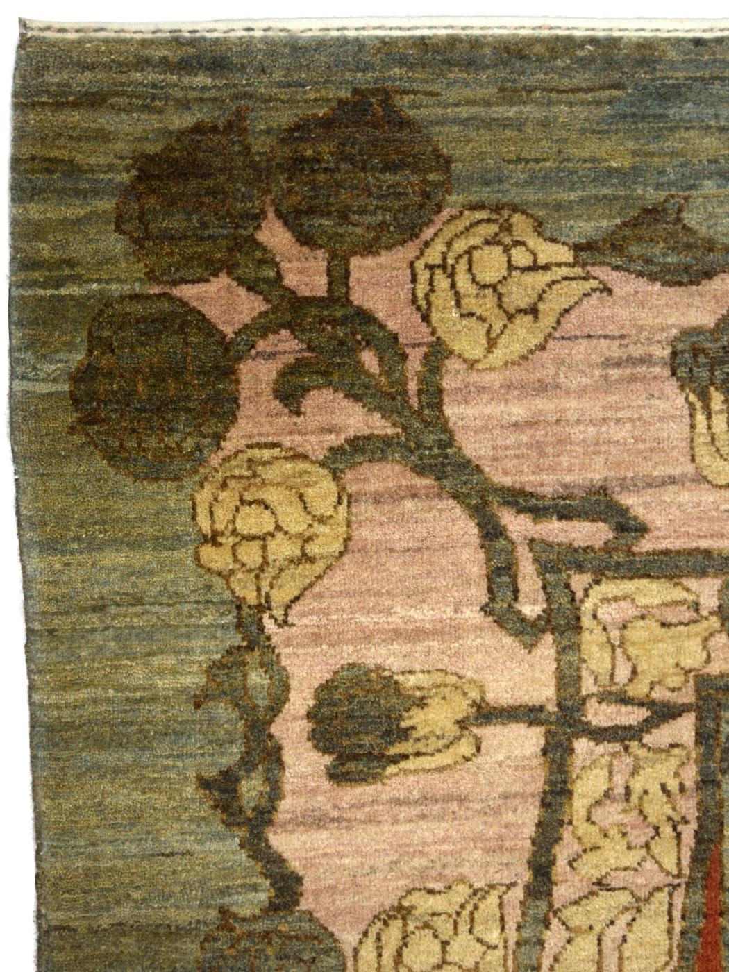 Handgeknüpfter, grüner und rosafarbener Art nouveau-Perserteppich aus Wolle, 10' x 14' im Angebot 1