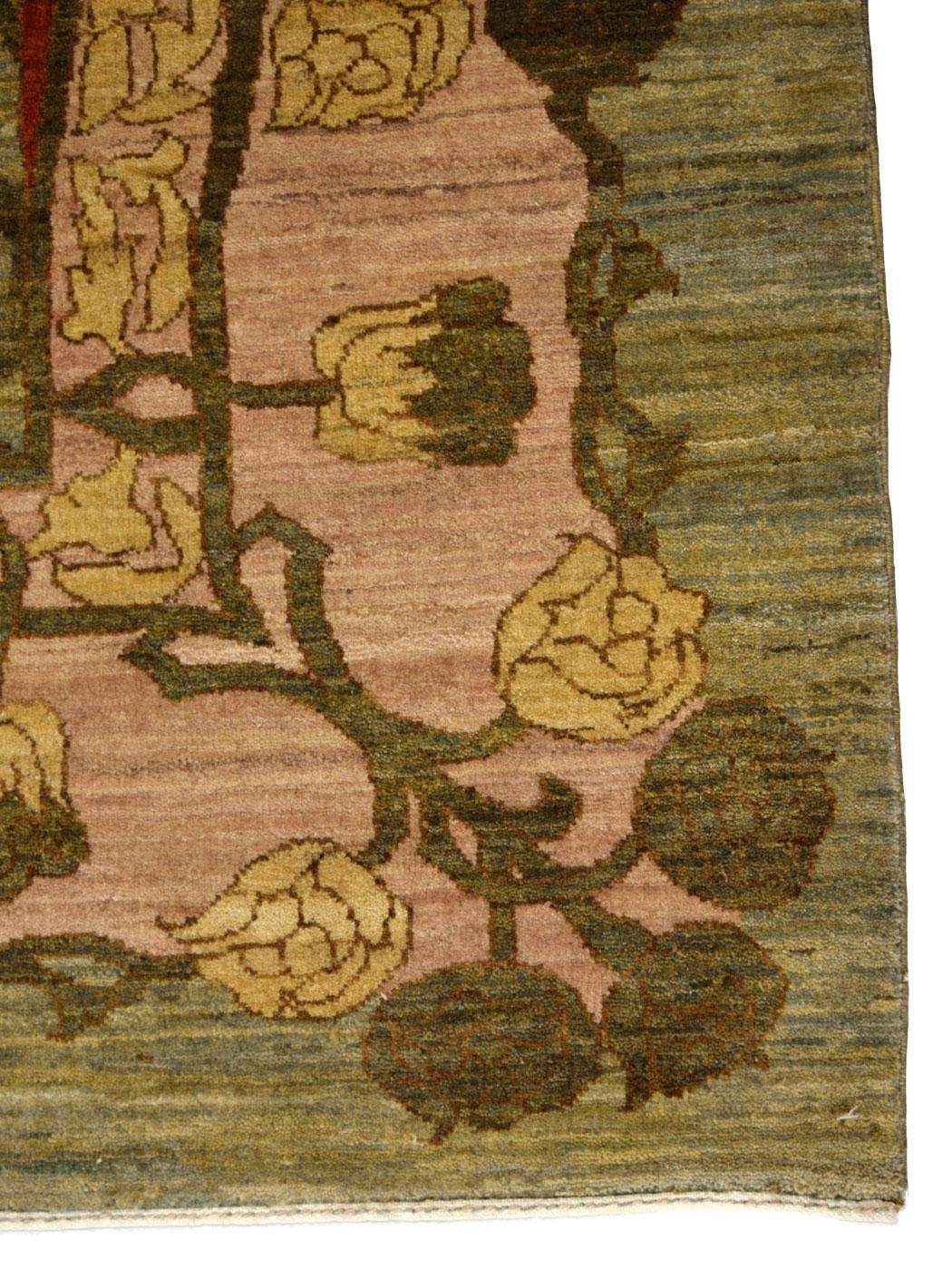 Handgeknüpfter, grüner und rosafarbener Art nouveau-Perserteppich aus Wolle, 10' x 14' im Angebot 2