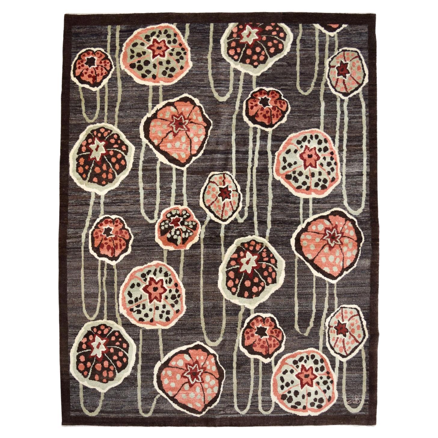 Wool Art Deco Persian Rug, Cream, Pink and Brown, 5’ x 7’