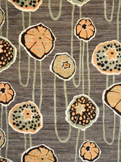 Art Deco Wool Persian Rug, Hand-Knotted, Green, Brown, 6' x 9'