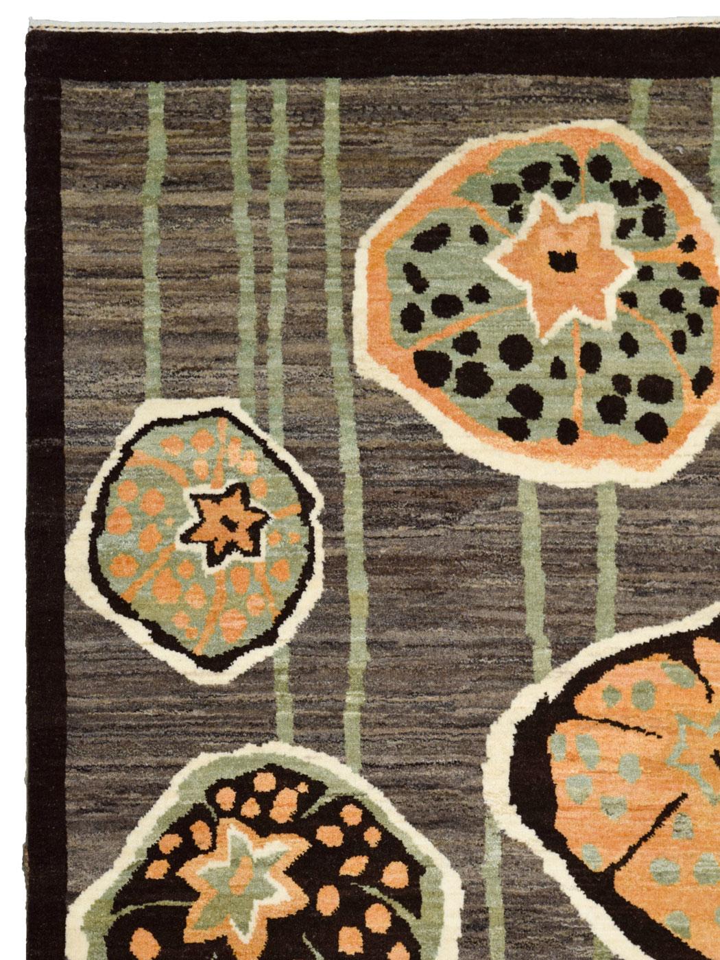 Noué à la main Orley Shabahang Art Deco Wool Persian Rug, Hand-Knotted, Green, Brown, 6' x 9' en vente