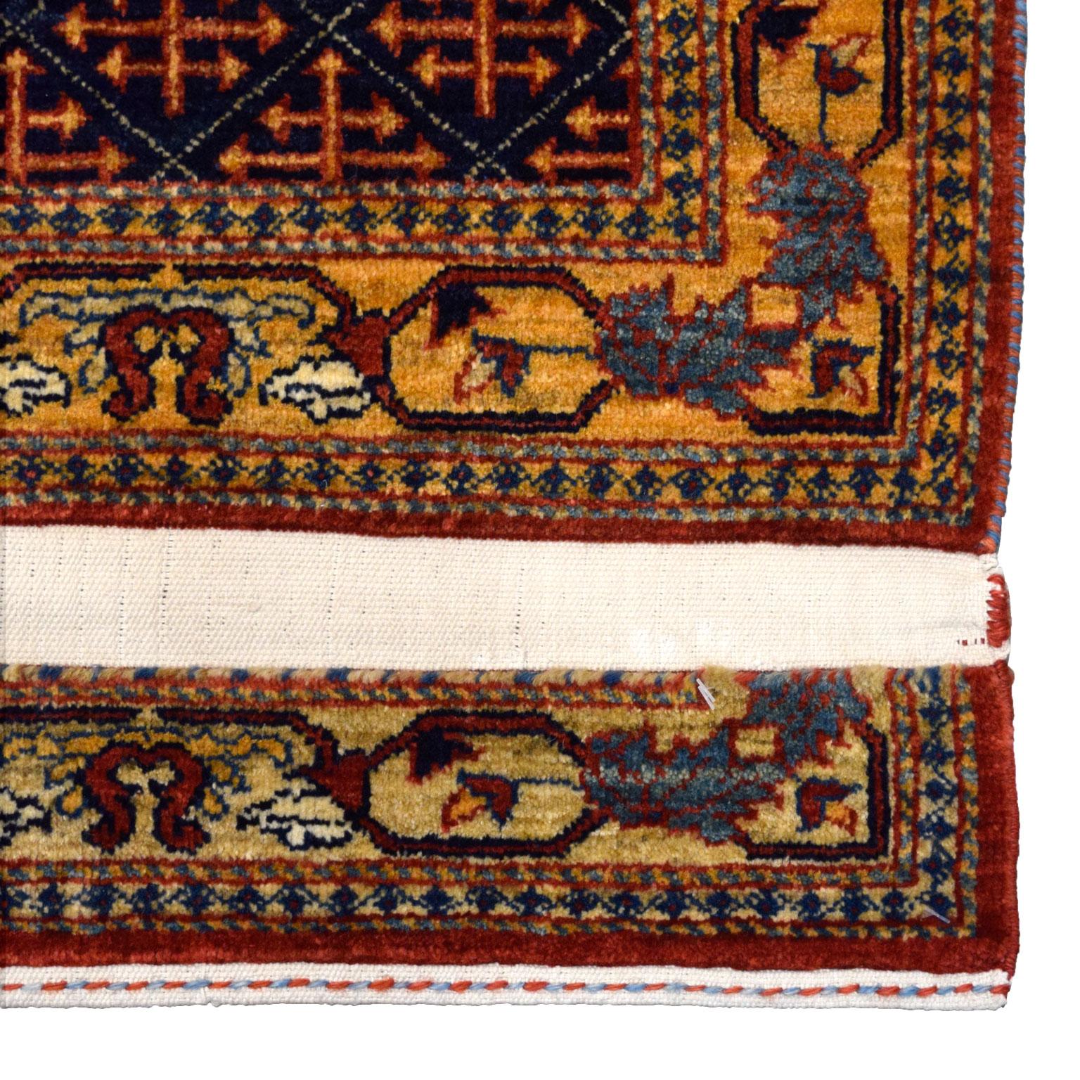Vegetable Dyed Qashqai Tribal Persian Rug in Indigo, Gold, Red, and Cream Wool, 4' x 6' For Sale