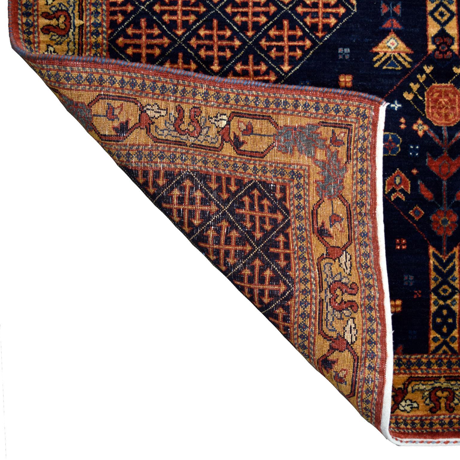 Contemporary Qashqai Tribal Persian Rug in Indigo, Gold, Red, and Cream Wool, 4' x 6' For Sale