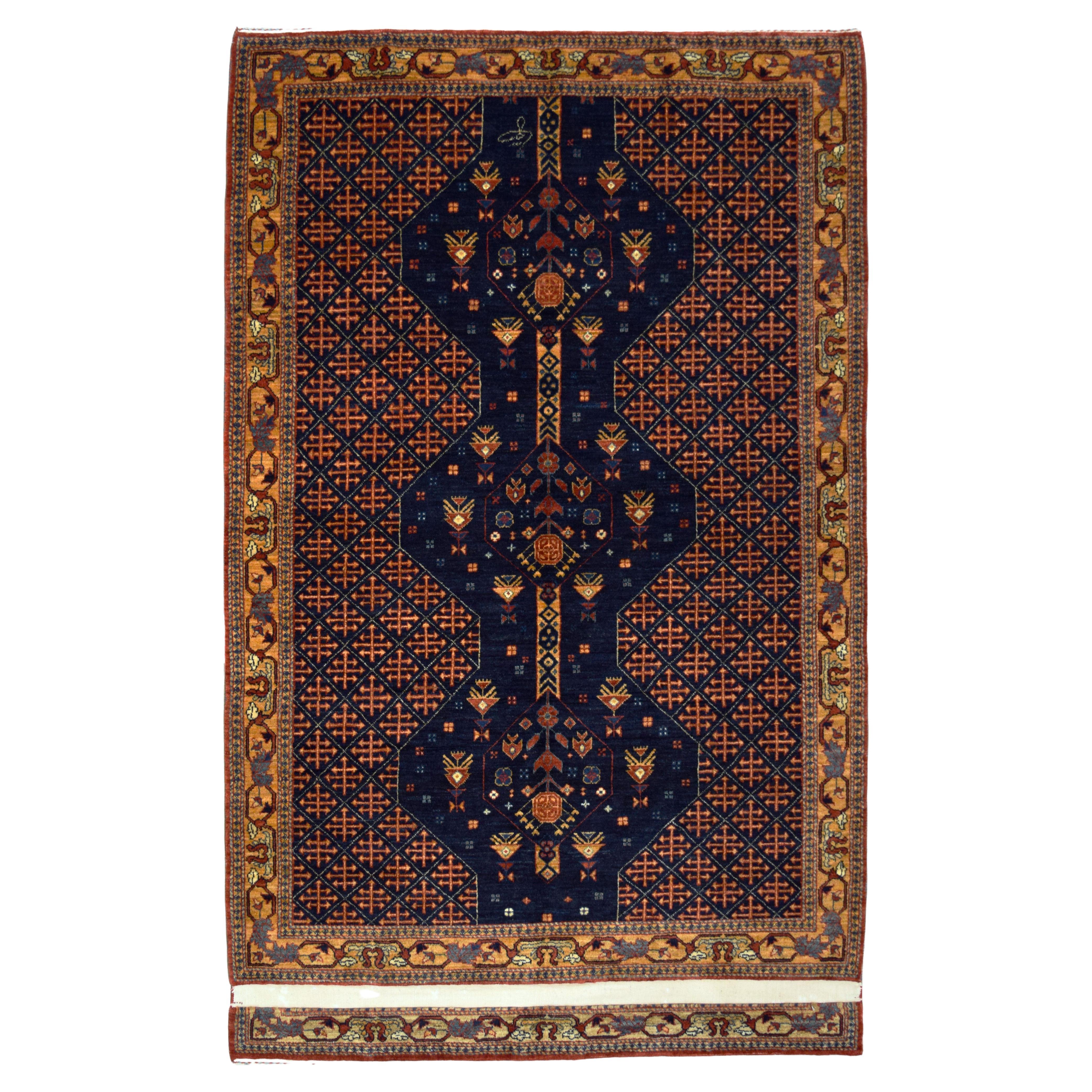 Tapis persan tribal Qashqai en laine indigo, or, rouge et crème, 4' x 6'