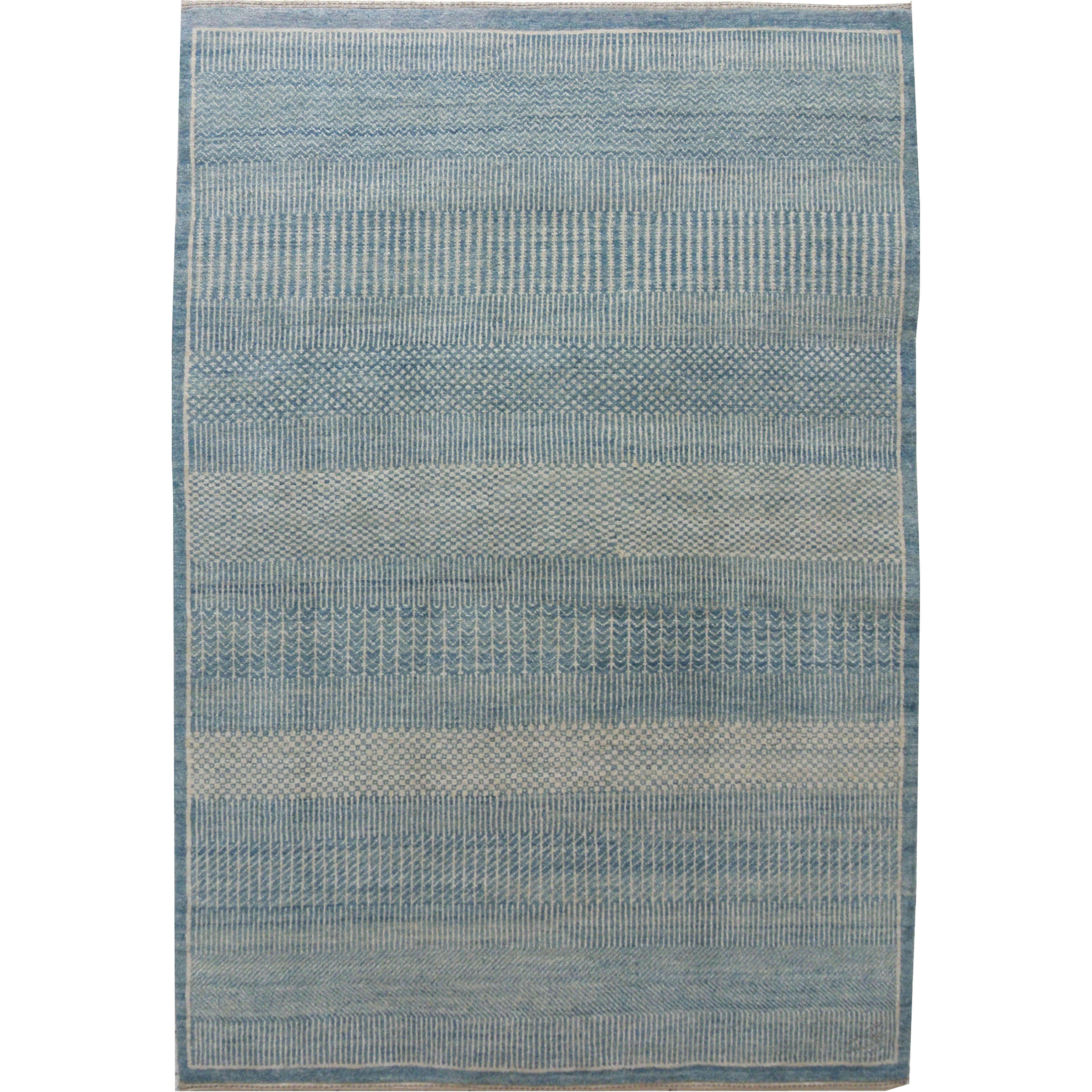 Tapis persan contemporain en laine, bleu et crème, Orley Shabahang, 5' x 7'