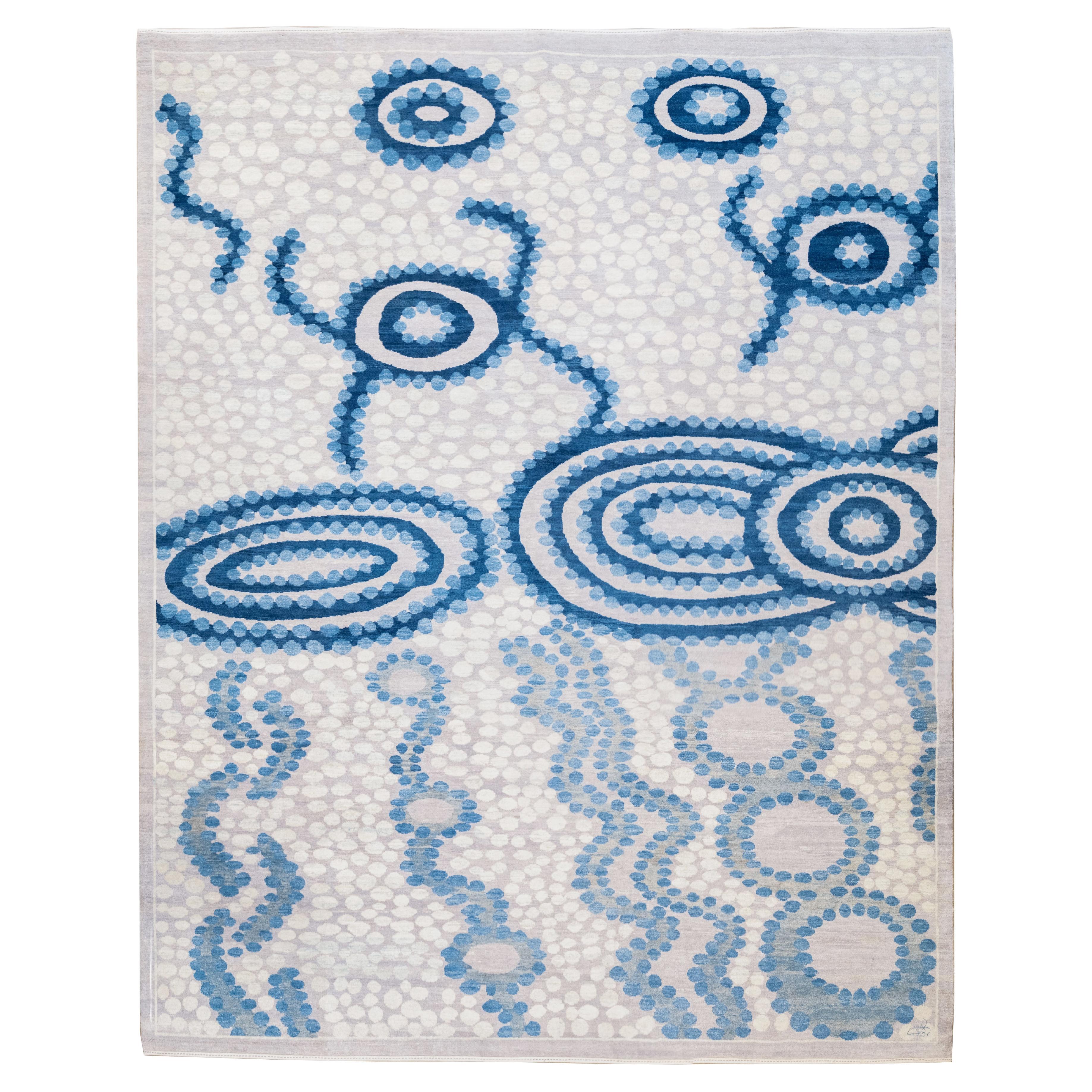 Blue and Cream Wool Contemporary Persian Carpet, Hand-Knotted, 8' x 10'