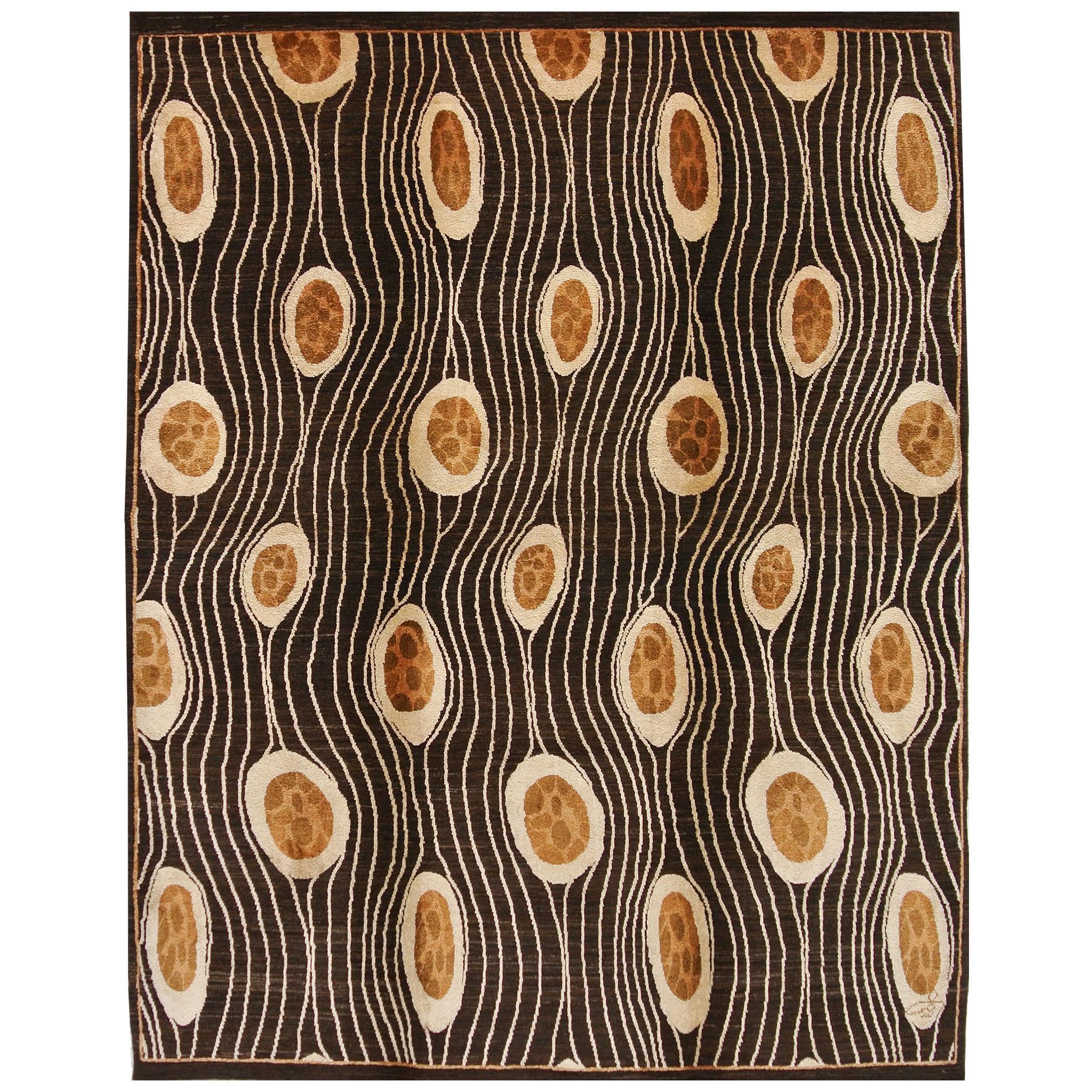 Rug Art Deco Laine et Soie Tapis Persan Contemporain, Brown, Cream, and Gold, 5' x 7' en vente