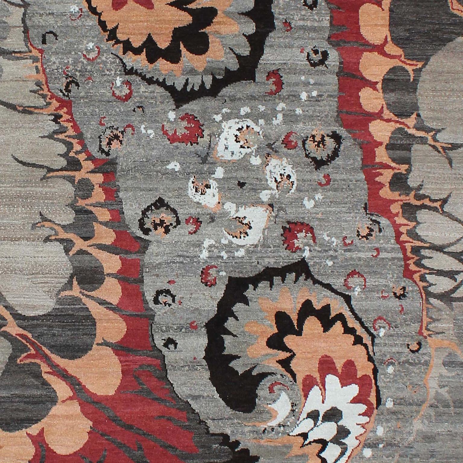 This Orley Shabahang signature “Synergy” carpet in pure handspun wool and organic dyes showcases a contemporary design in a hand-knotted Persian weave. From the Orley Shabahang Galaxy series, this carpet depicts the similarity of the swirling power