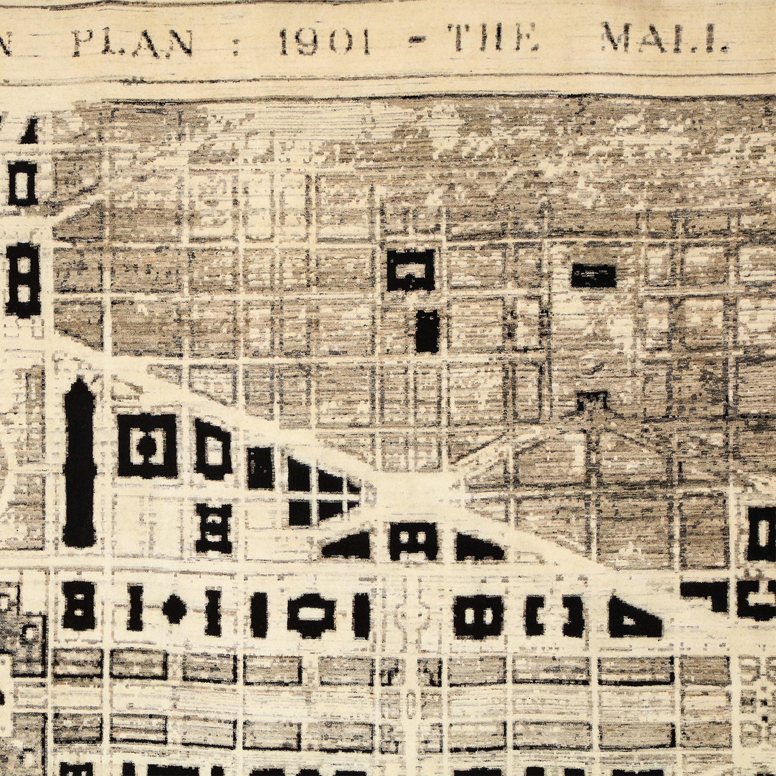 A striking fusion of art, architecture, and cartography, this modern hand-knotted wool area rug “Washington” National Mall Map design, measuring 9' x 12', reimagines the historic McMillan Plan of 1901 in luxurious textile form. From the Orley