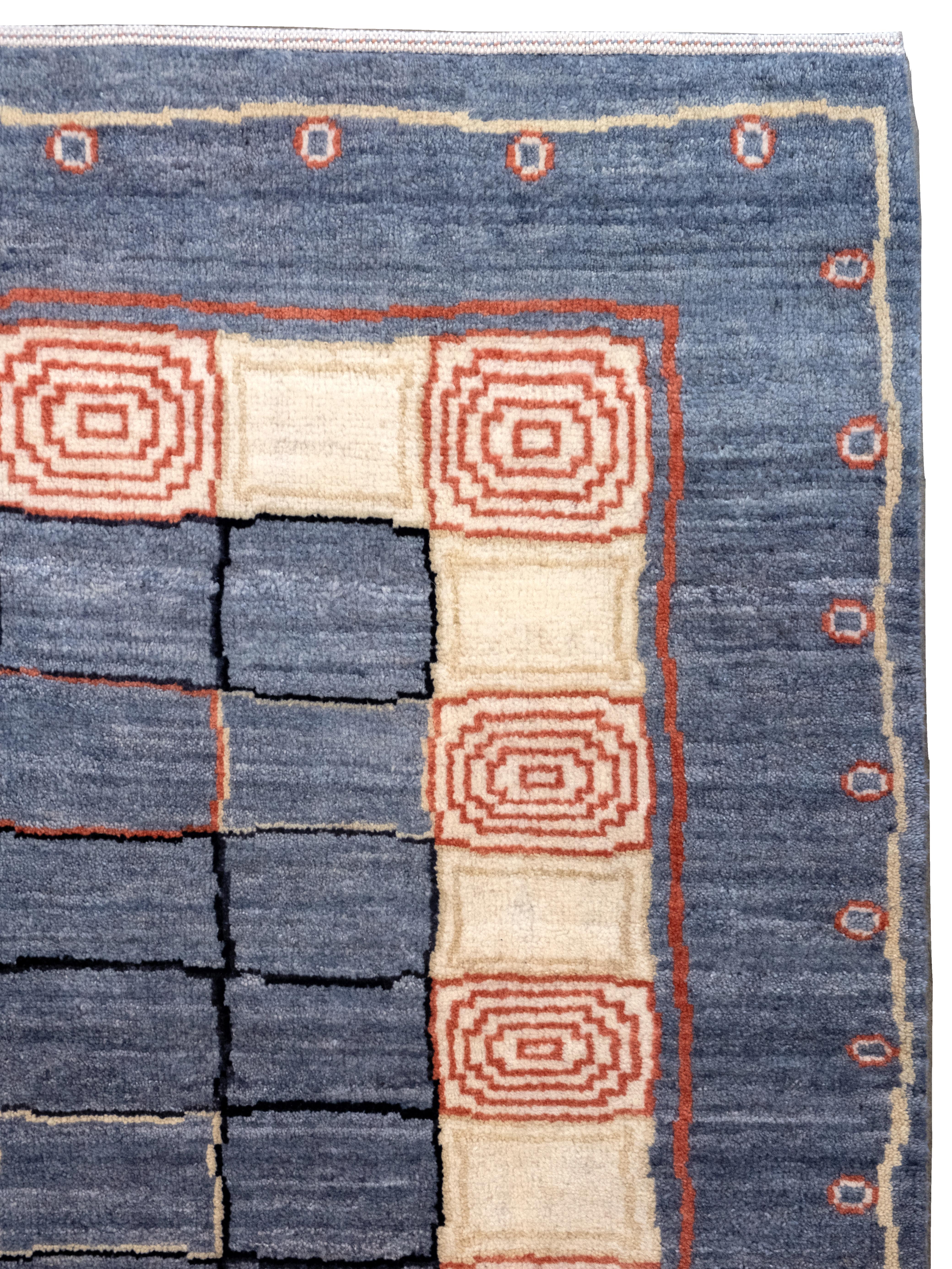 Hand-Knotted Orley Shabahang’s “Ionic Gabbeh” Geometric Shag Carpet in Gray and Cream For Sale
