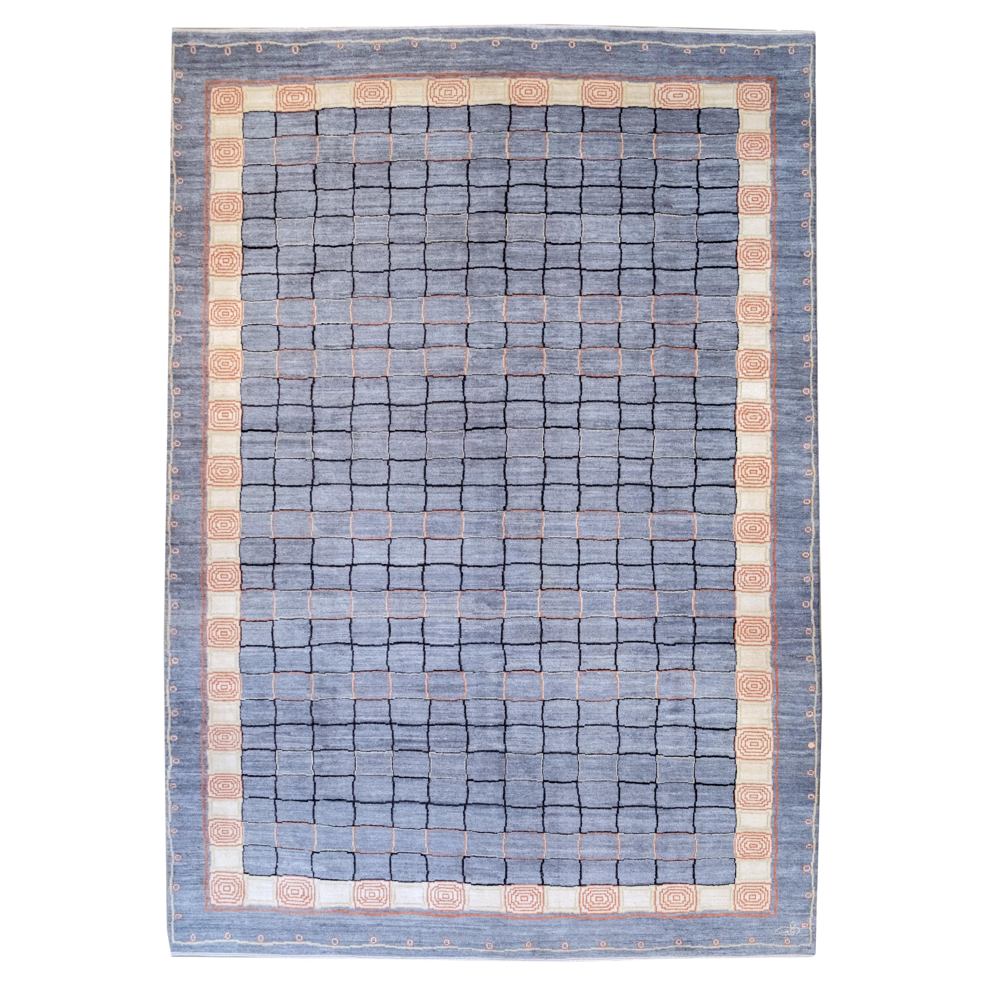 Orley Shabahang’s “Ionic Gabbeh” Geometric Shag Carpet in Gray and Cream For Sale