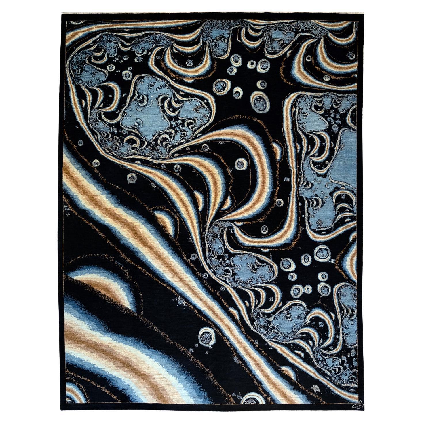 Orley Shabahang’s “Nebula” Contemporary Carpet in Indigo, Gold, and Cream For Sale