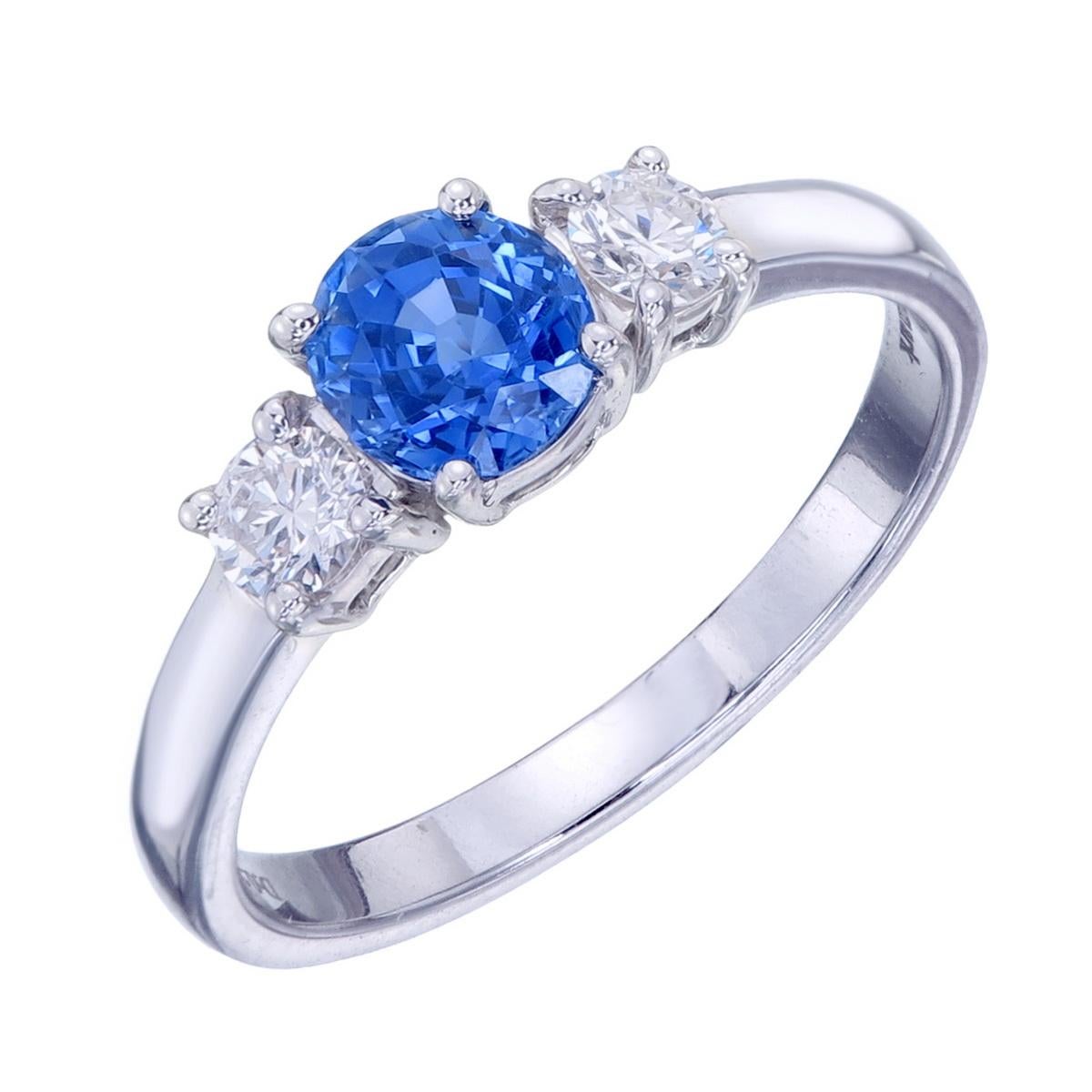Cornflower Ceylon Sapphire Diamond Ring set in 14 Karat White Gold.
Sri Lanka, previously known as Ceylon, is home to some of the most stunning rubies and sapphires in the world; including this particular blue sapphire which has been given the color
