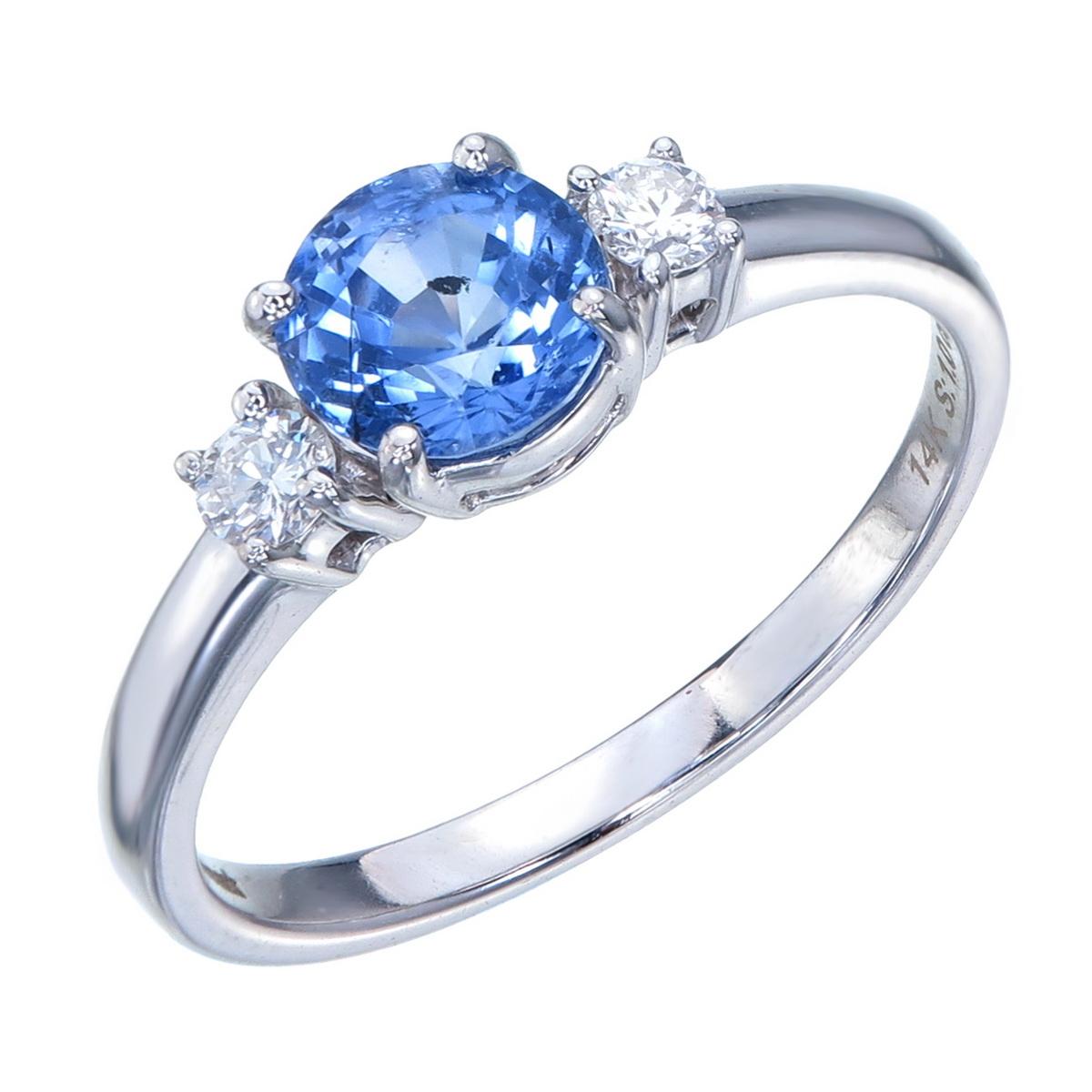 Pastel Blue Madagascar Sapphire Diamond Ring set in 14 Karat White Gold.
This pastel blue sapphire comes from the island country of Madagascar, one of the most abundant gem sources in the world, and features an bright, radiant brilliance and a