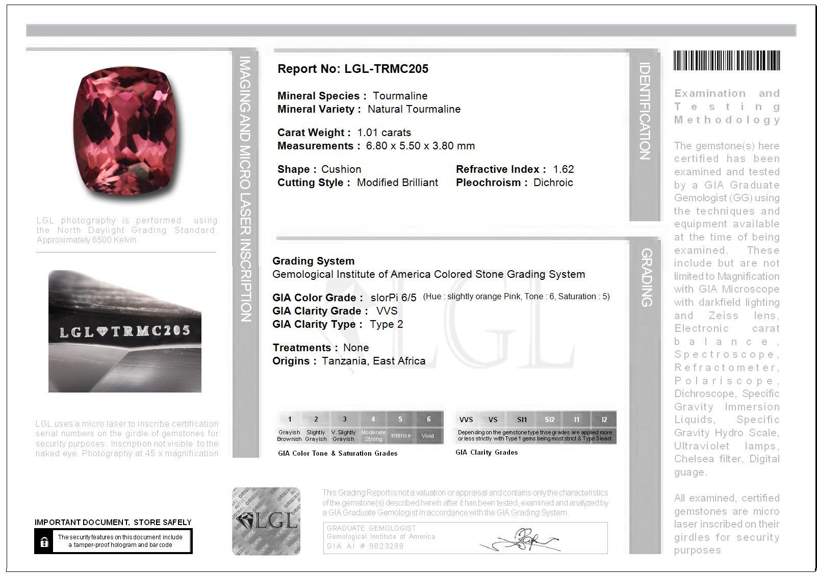 Women's or Men's Orloff of Denmark, GIA - 1.00 ct Vivid Pink Tourmaline Ring set in 950 Platinum For Sale