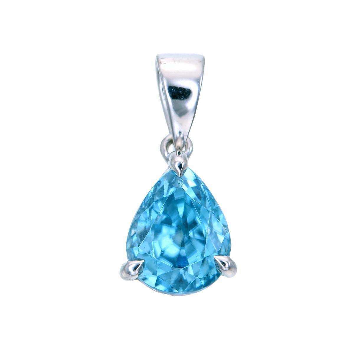 14 Karat White Gold Pendant set with a 2.46 carat Natural Blue Zircon.
Featured on this piece is a natural blue zircon mined, cut and polished in Ratanakiri, Cambodia.
The soothing light blue compliments beautifully with the immaculate white gold