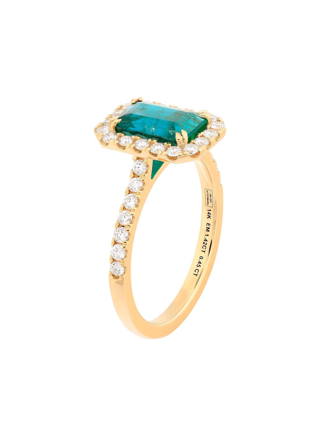 Contemporain Orloff of Denmark - Bague à halo en or 14K avec émeraude zambienne et diamant en vente