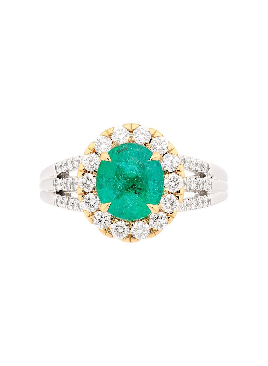 Contemporary Orloff of Denmark - 14K White and Yellow Gold Zambian Emerald Diamond Halo Ring For Sale
