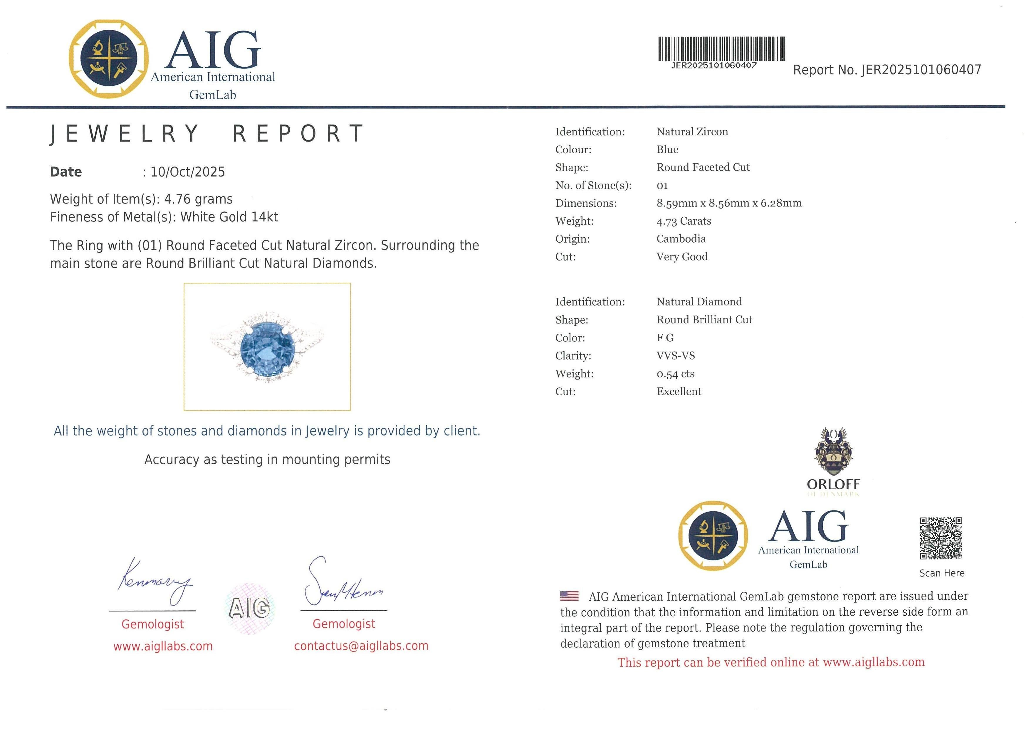 Orloff of Denmark - 14K White Gold - Incroyable bague à diamant et zircon bleu rond Neuf - En vente à Hua Hin, TH