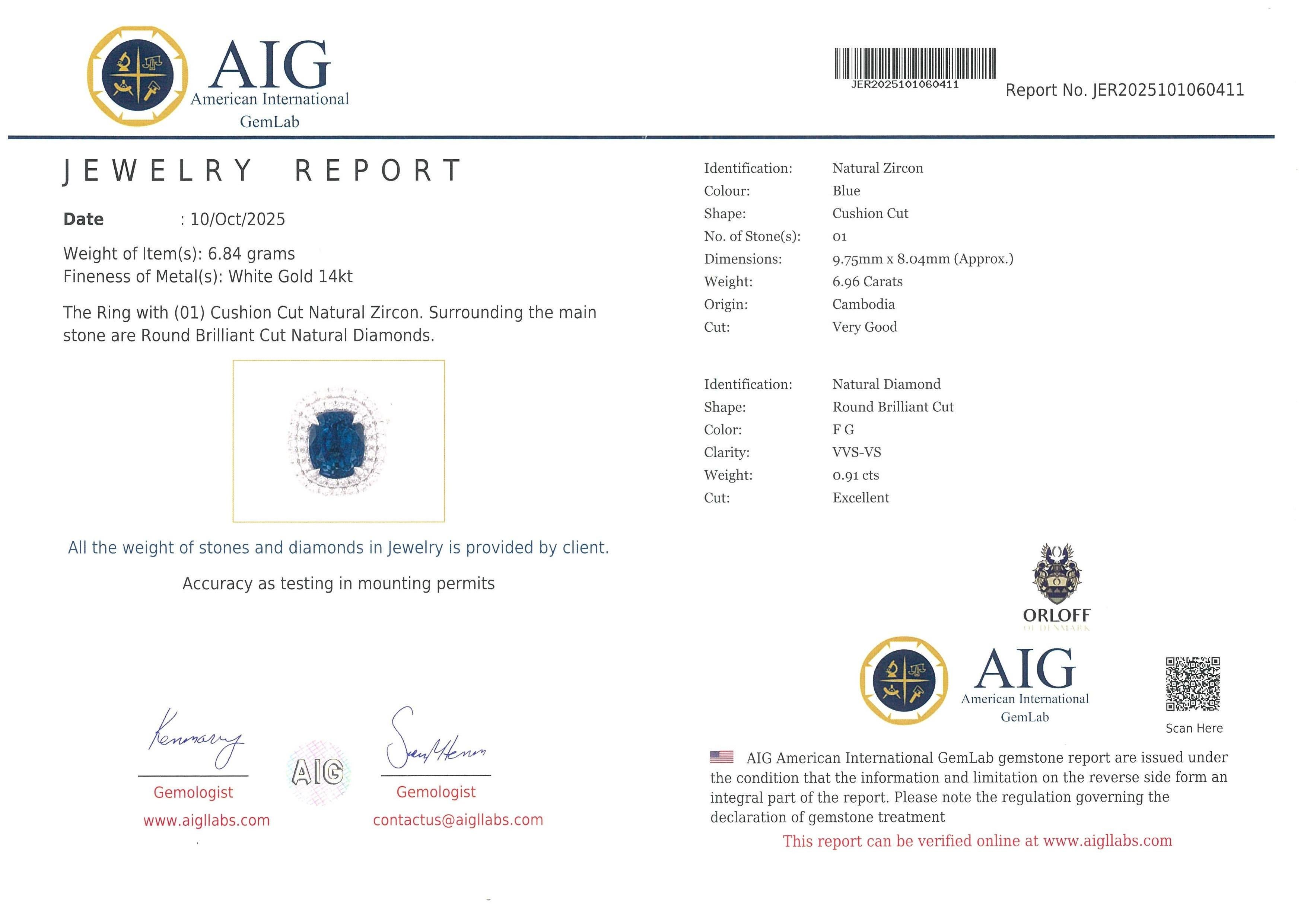 Orloff of Denmark - 14K Weißgold - Atemberaubender Blauer Zirkon Diamant Ring im Zustand „Neu“ im Angebot in Hua Hin, TH