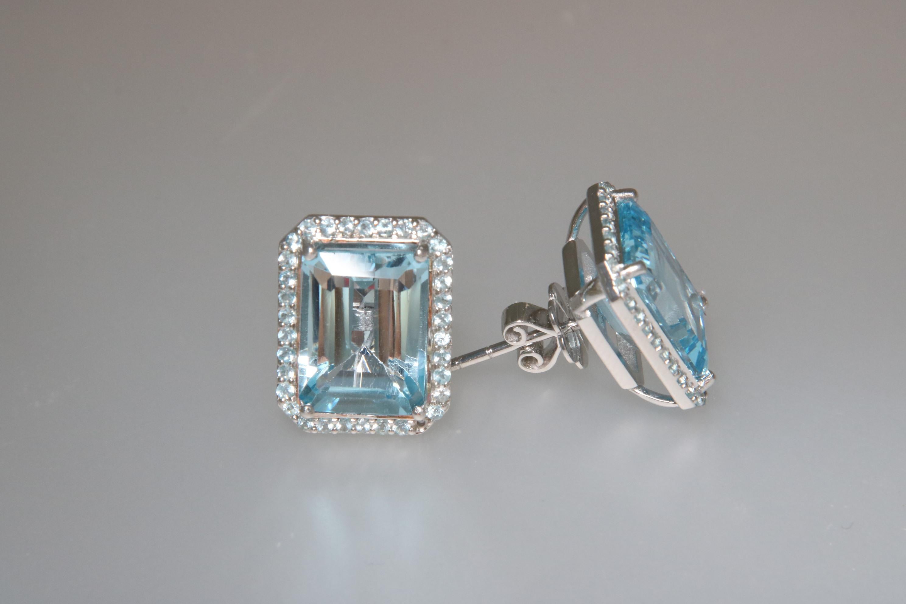 Taille octogone Orloff of Denmark, 15 carat Blue Topaz Halo Earrings in 925 Sterling Silver en vente