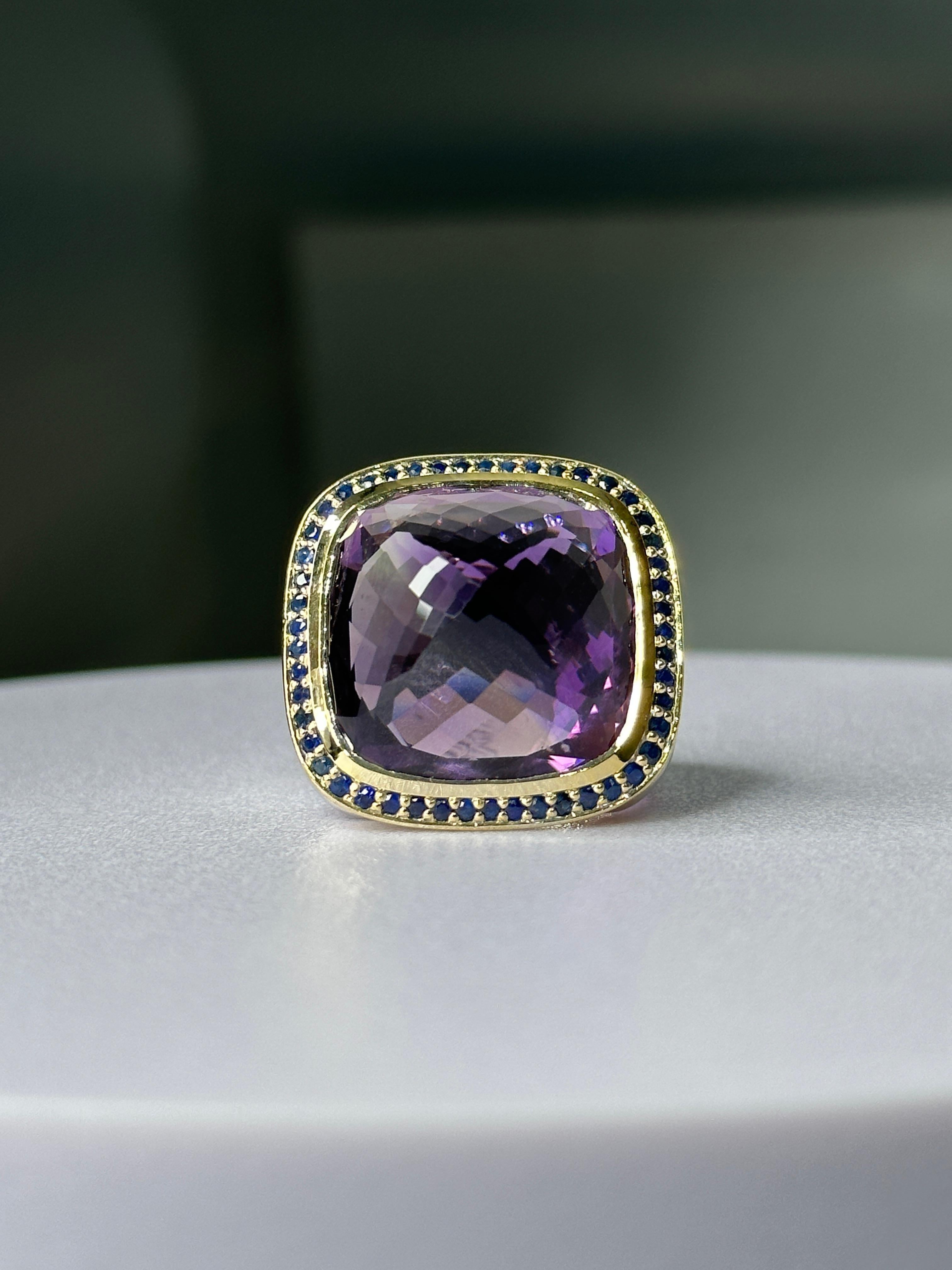 Contemporary Orloff of Denmark, 18K Gold-Plated Amethyst & Sapphire Statement Ring 925 Silver For Sale