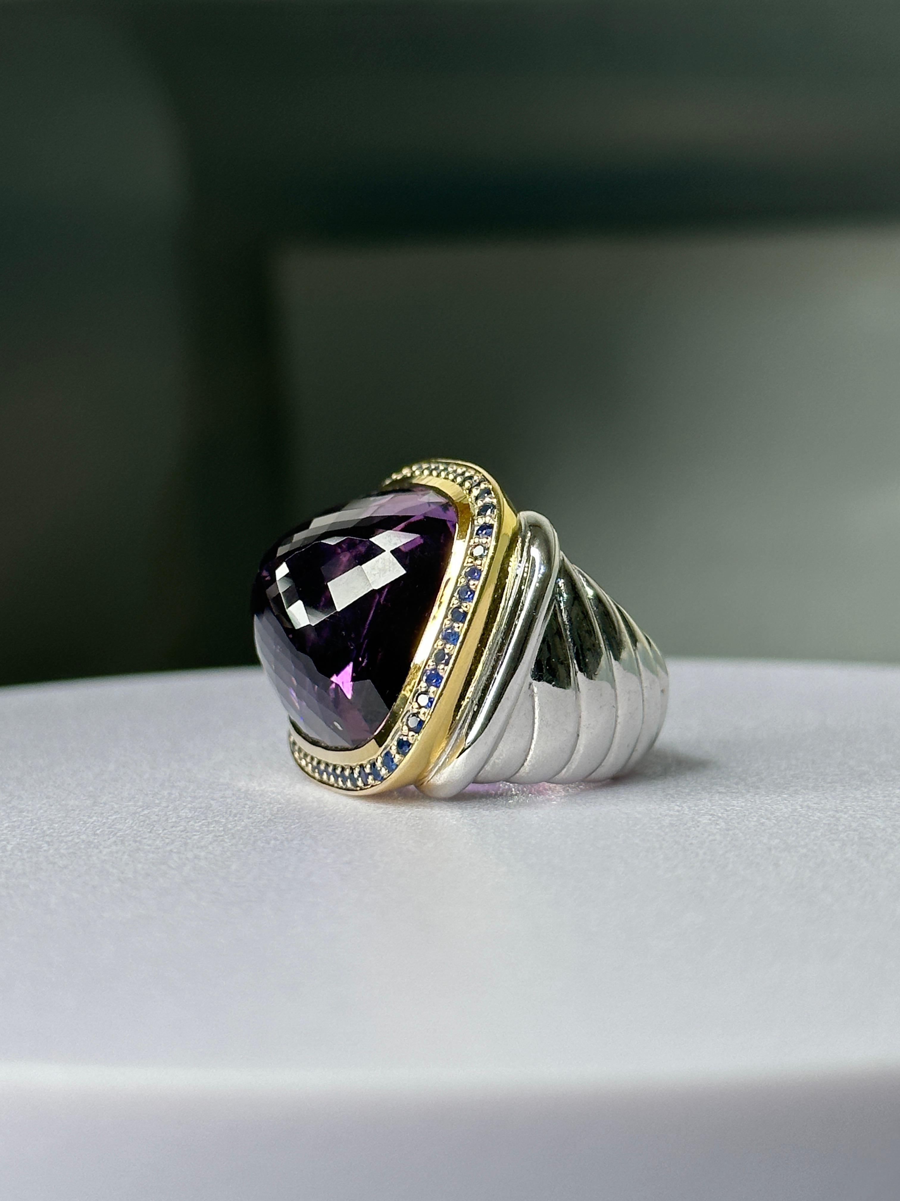 Cabochon Orloff of Denmark, 18K Gold-Plated Amethyst & Sapphire Statement Ring 925 Silver For Sale