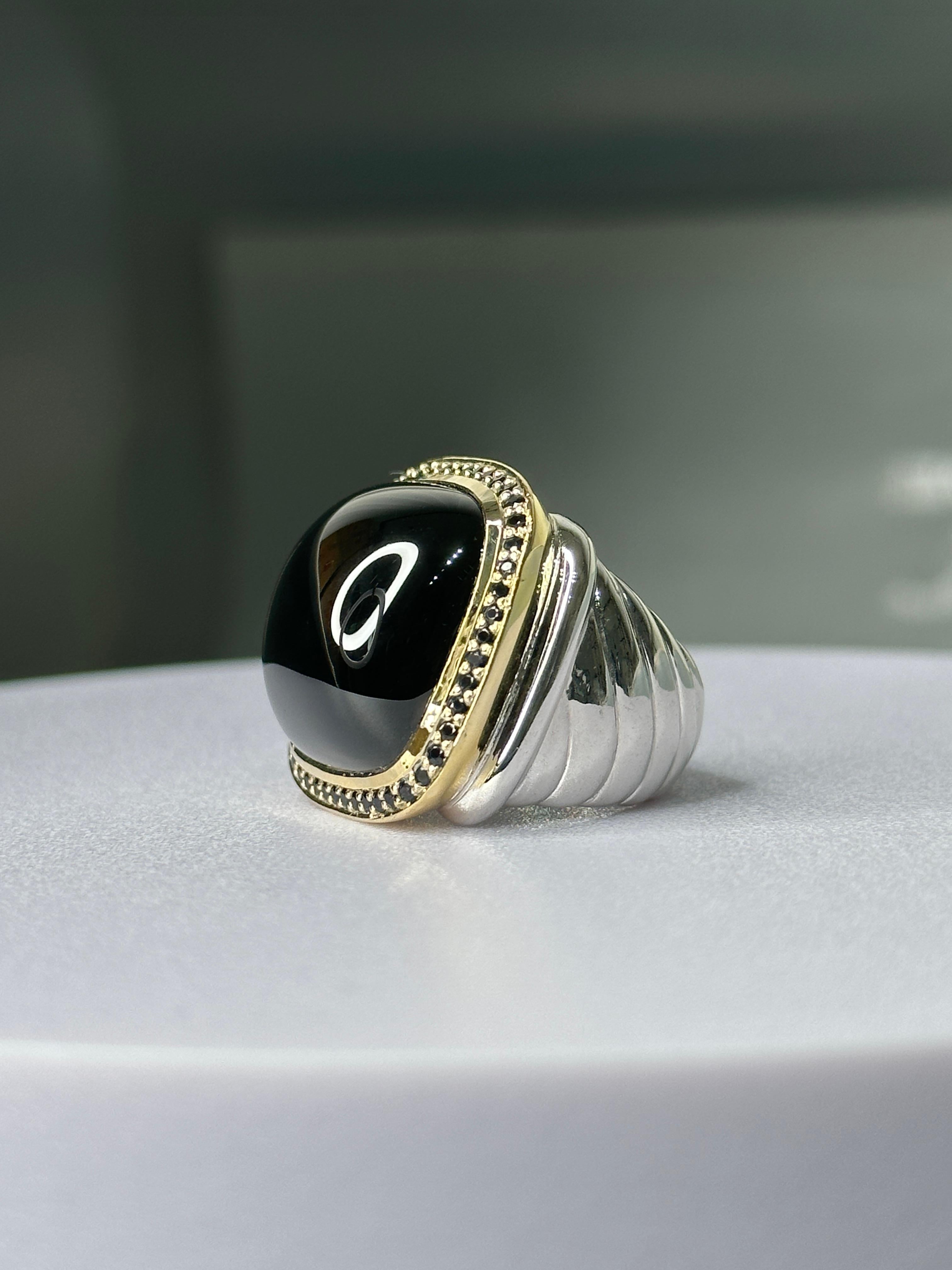 Cabochon Orloff of Denmark, 18K Gold-Plated Onyx & Sapphire Statement Ring 925 Silver For Sale