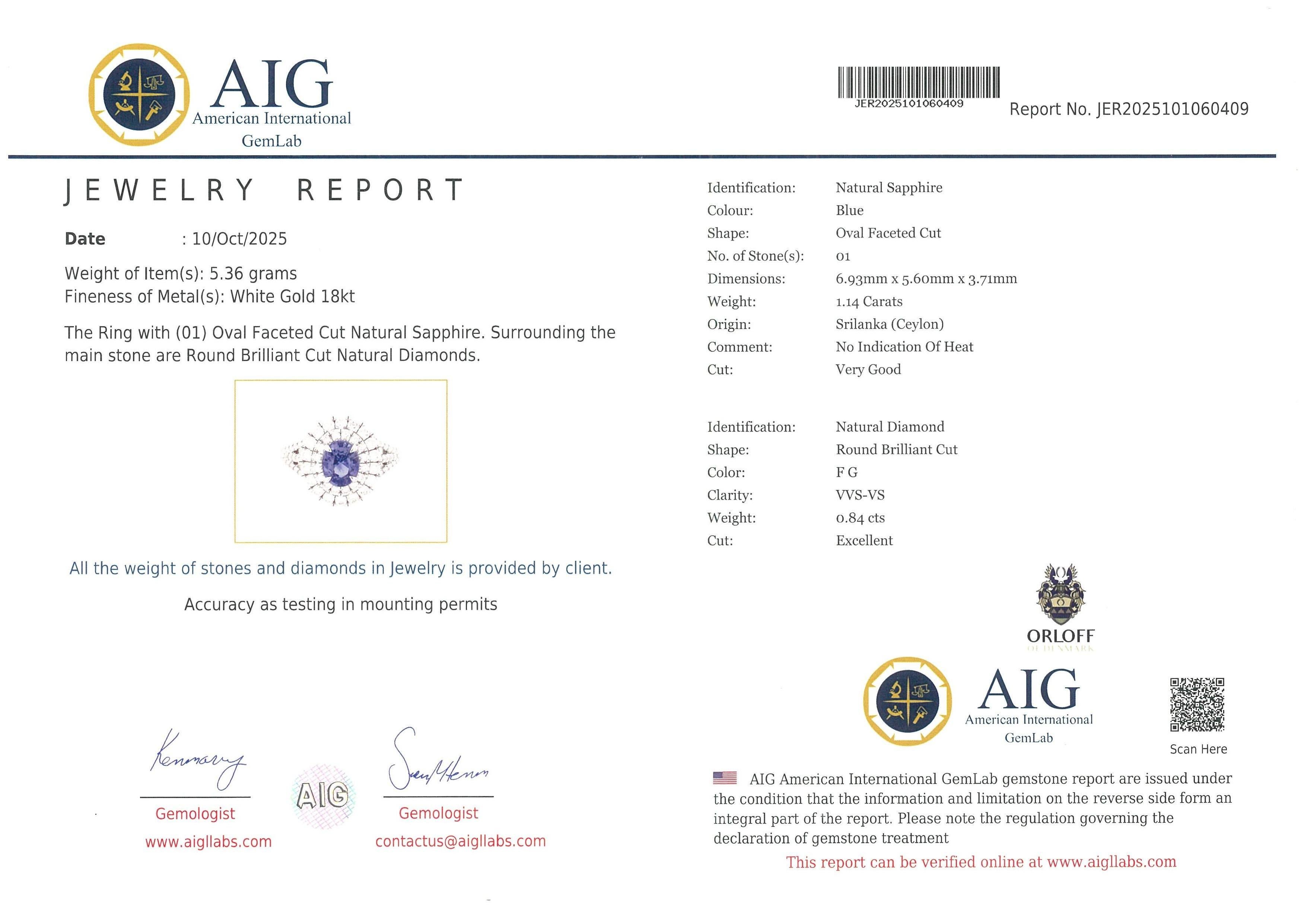 Orloff of Denmark - 18K Weißgold - Unerhitzter Ceylon Saphir Diamantring im Zustand „Neu“ im Angebot in Hua Hin, TH