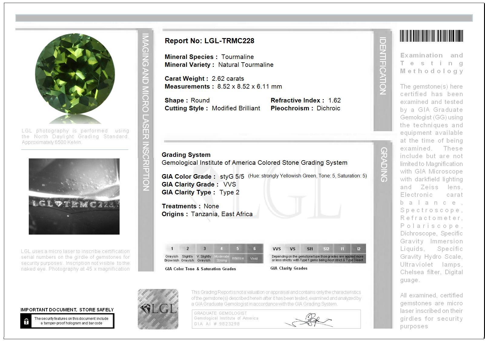 Women's or Men's Orloff of Denmark, GIA - 2.60 ct Olive Green Tourmaline Ring set in 950 Platinum For Sale