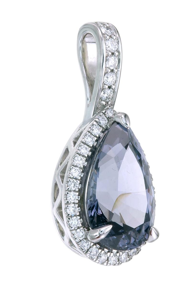Orloff of Denmark;
Hailing from the 'Isle of Jewels' Sri-Lanka, this wonderful pear-cut, grayish violet spinel is set by three sharp prongs in 950 platinum.
A grayish violet color is found in the gem, reminiscent of a late evening night with a soft