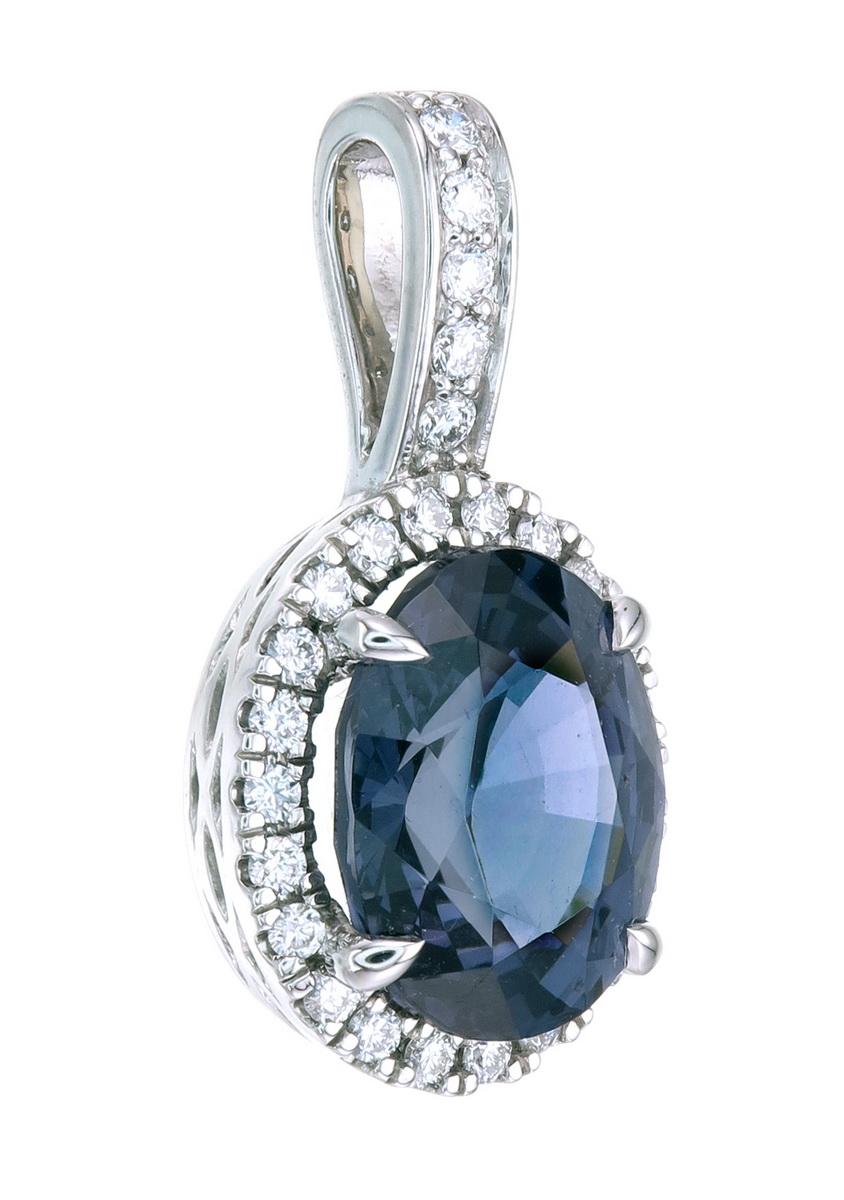 Orloff of Denmark;
Hailing from the 'Isle of Jewels' Sri-Lanka, this alluring oval spinel is set by four sharp prongs in 950 platinum.
A grayish violet color is found in the gem, reminiscent of a late evening night with a soft tinge of purple
