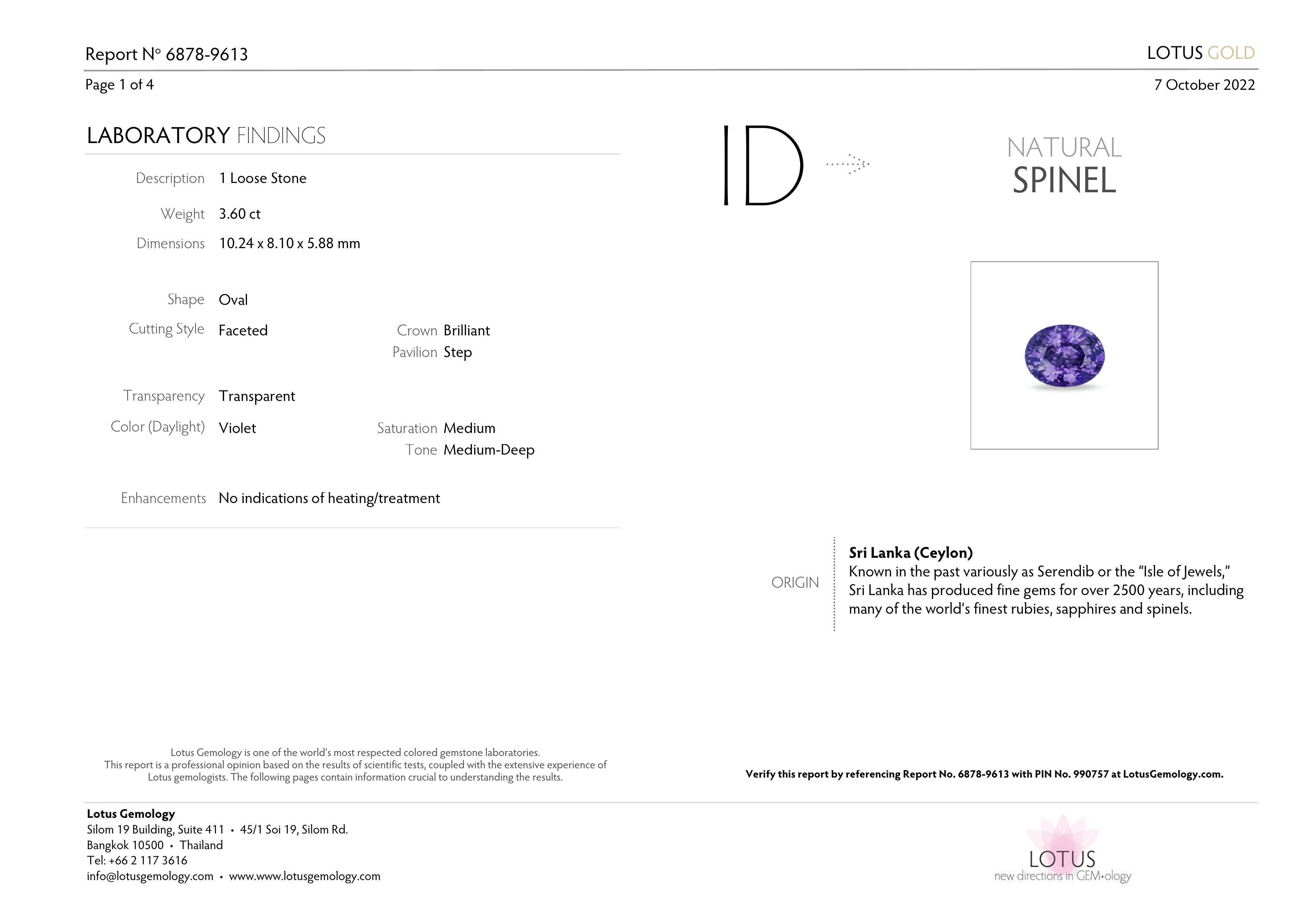 Orloff of Denmark, 3,60 Karat violetter Ceylon-Spinell-Diamant-Anhänger in 950er Platin mit Spinell im Zustand „Neu“ im Angebot in Hua Hin, TH