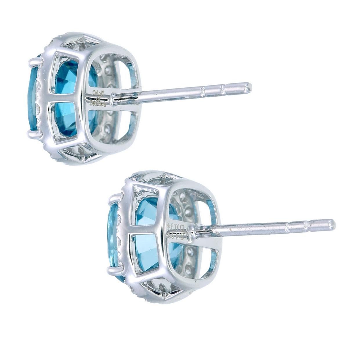 Contemporary Orloff of Denmark, 4.98 ct Sky Blue Zircon Diamond Earrings in 14K White Gold