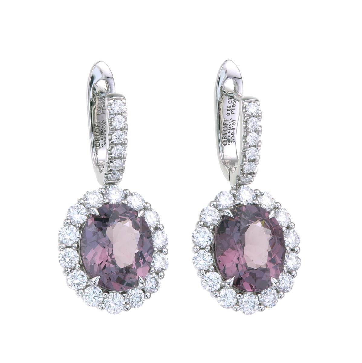 Orloff of Denmark's own; 'Orchid Geminis'
A pair of exceptional purple spinels from the 'Isle of Gems', Sri Lanka (Ceylon).
Set in 950 platinum, VS1, brilliant-cut diamonds surround the gems creating a stark and beautiful contrast of glimmering