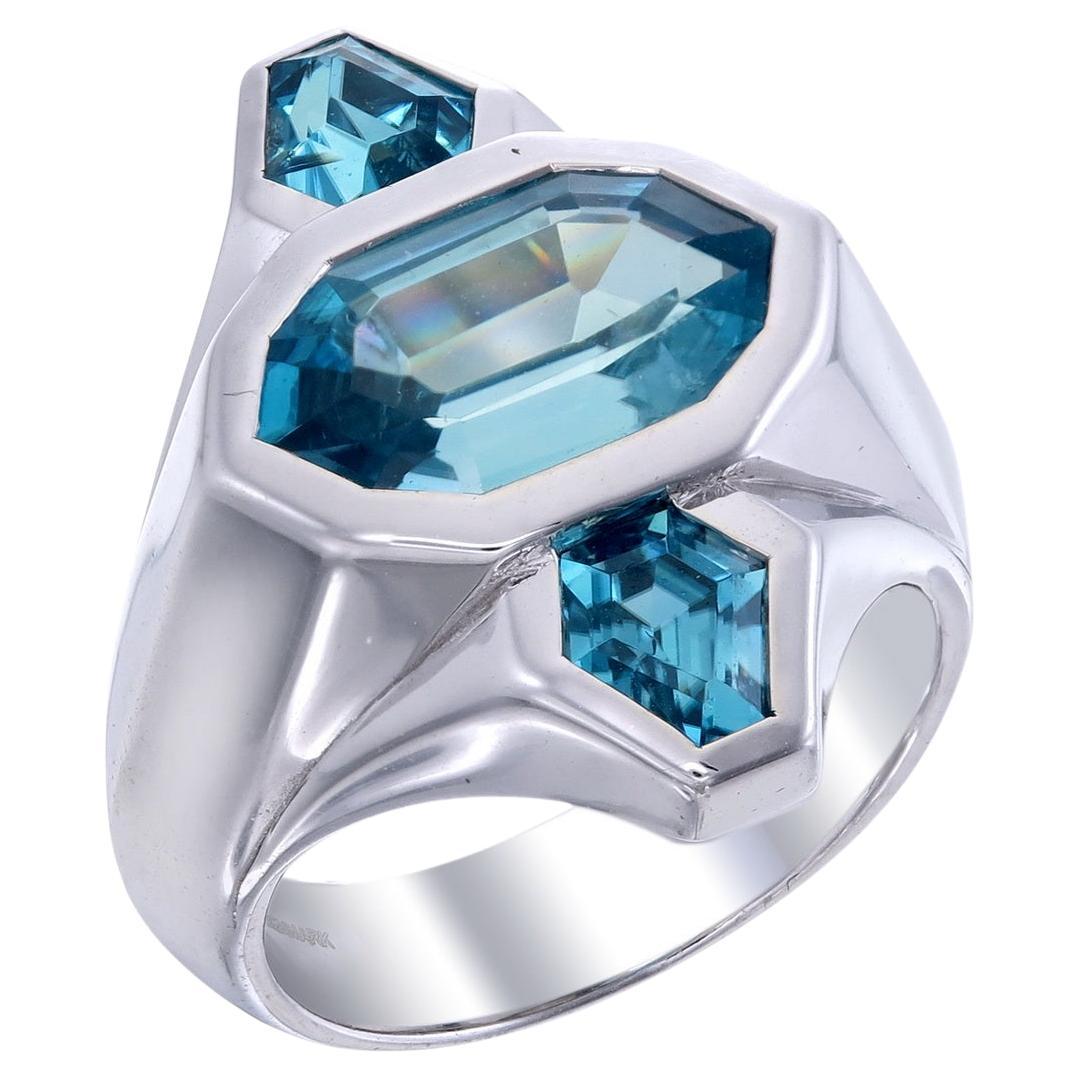 Orloff of Denmark, 5.81 ct Blue Zircon Three-Stone Ring set in Sterling Silver For Sale