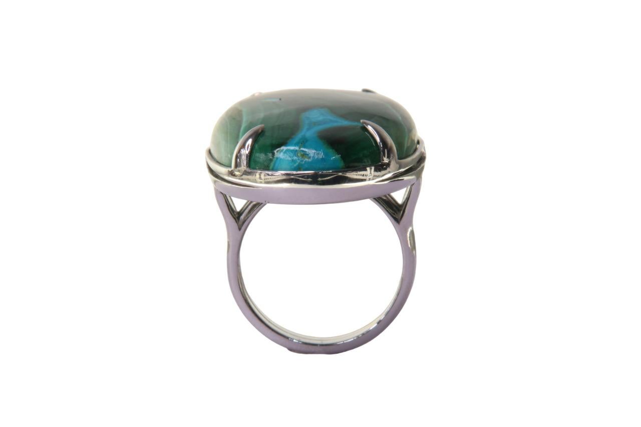 Cabochon Orloff of Denmark, 67 carat Azurite-Malachite Ring in 925 Sterling Silver For Sale