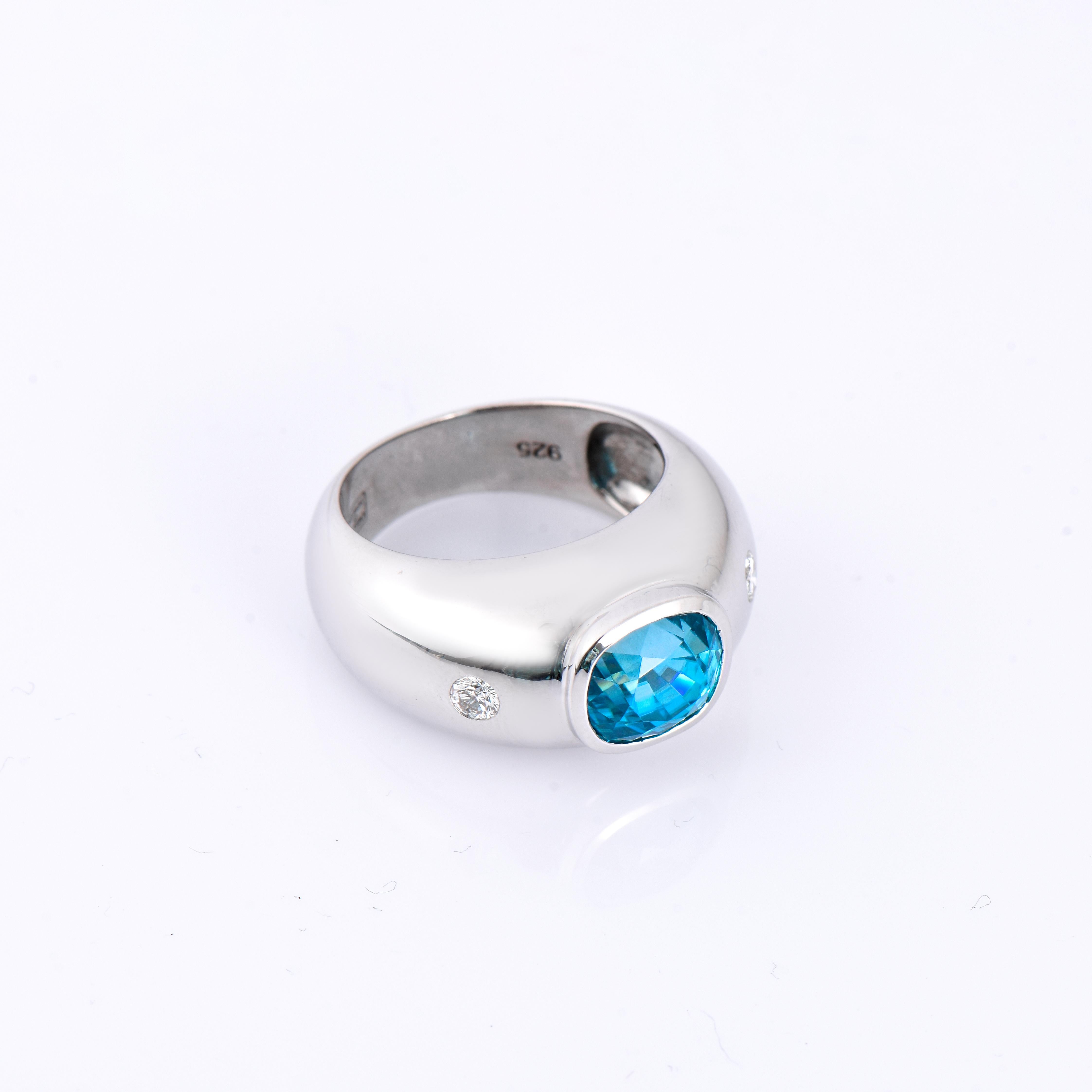 Cushion Cut Orloff of Denmark, 7.2 ct Blue Zircon Diamond Silver Ring For Sale