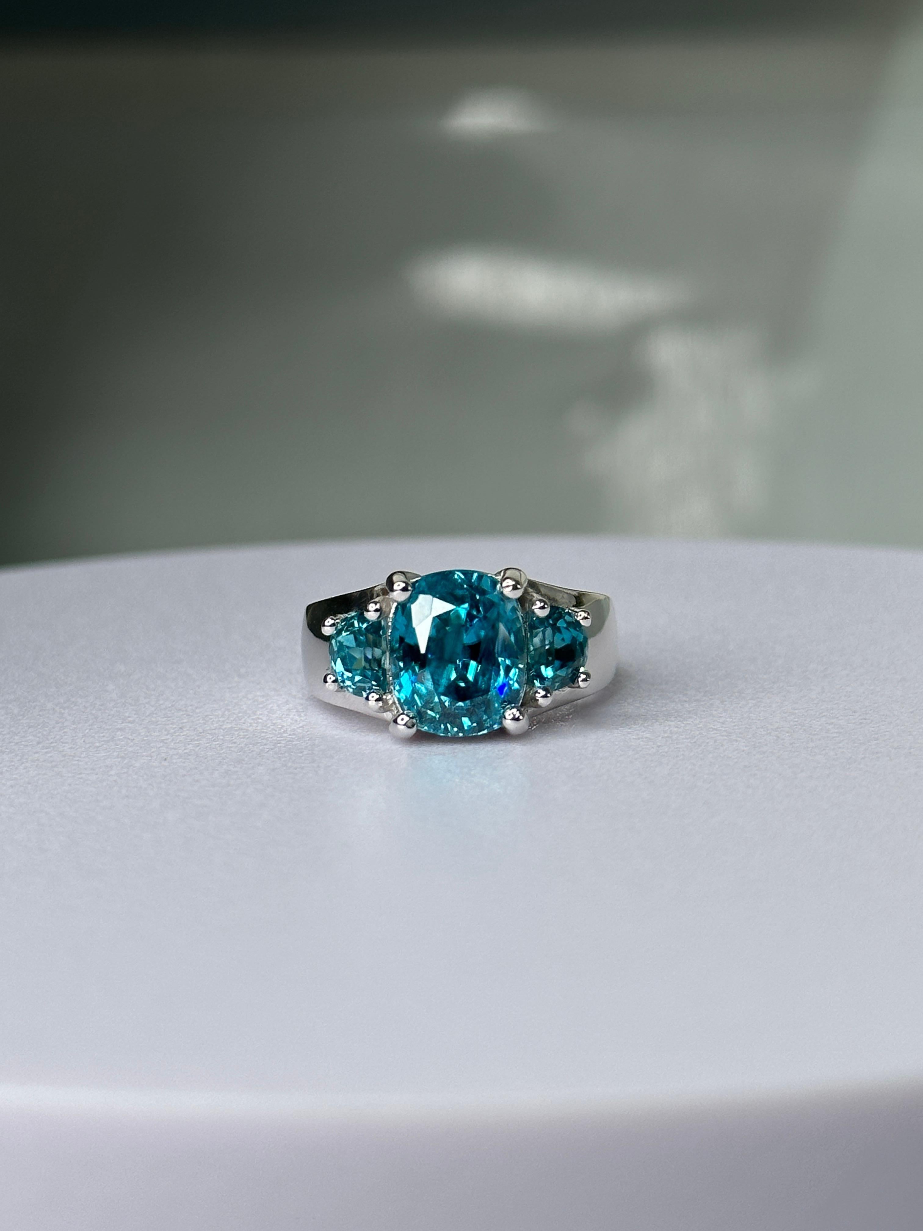 Contemporary Orloff of Denmark, 7.83 ct Blue Zircon Three-Stone Ring set in Sterling Silver For Sale